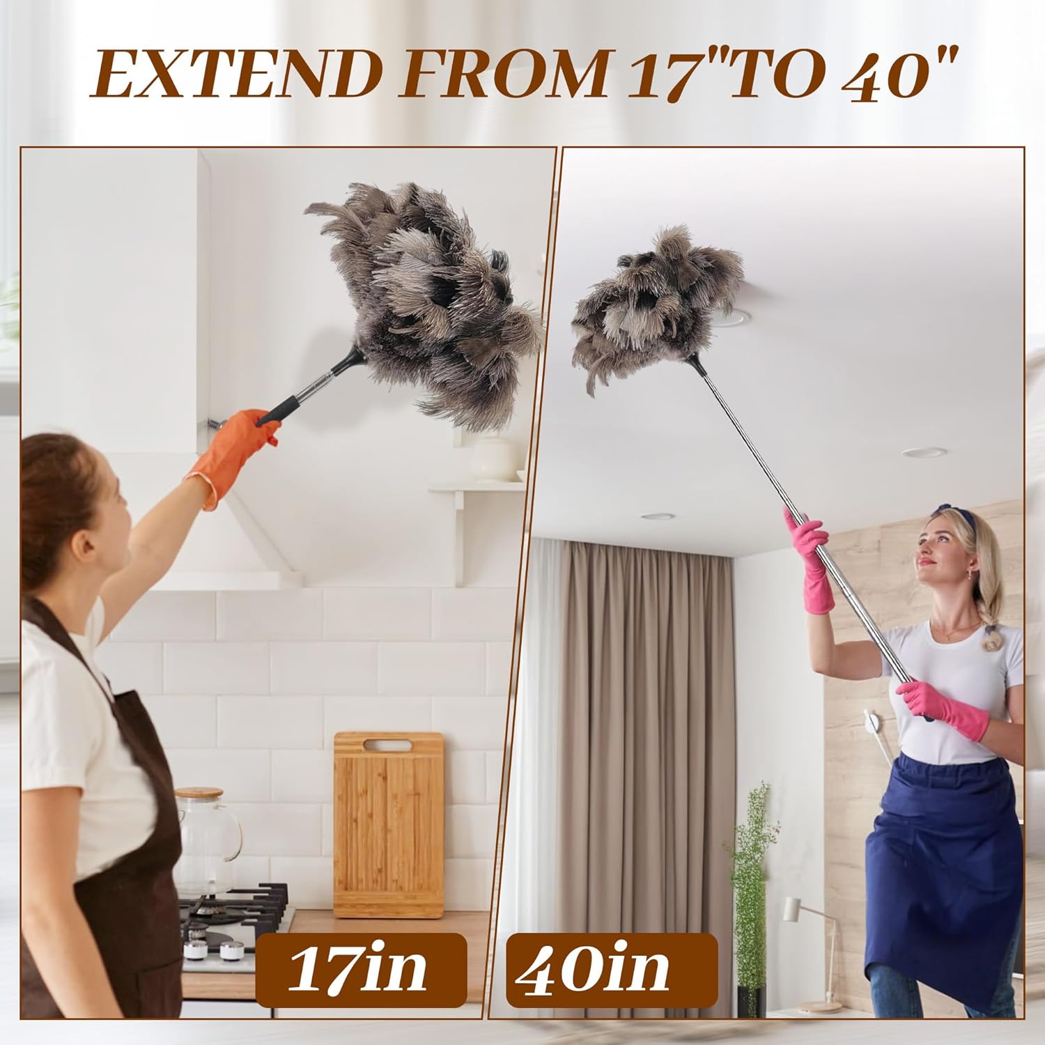 40 inches Extendable Ostrich Feather Duster, Fluffy Long Handle Reusable Duster for Cleaning Ceiling Fans, Pendant Lamps, High Ceilings, Blinds, and Furniture