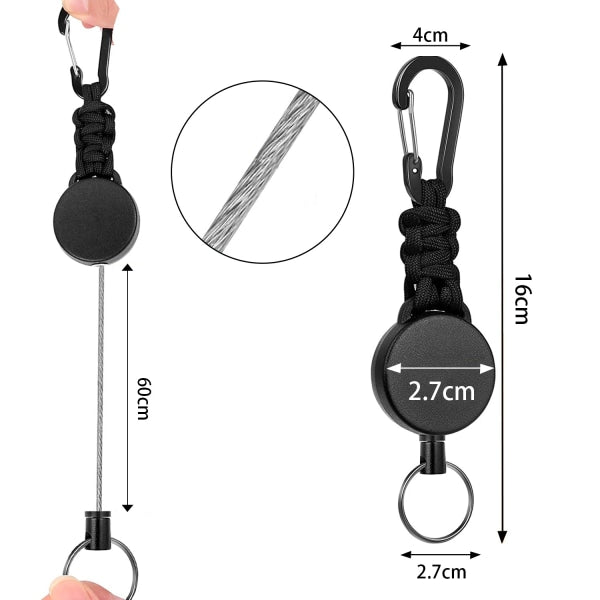 Retractable Key Rings Carabiner with 60cm Steel Cable and Key Ring 170g-200g Tensile Strength 3-Pack