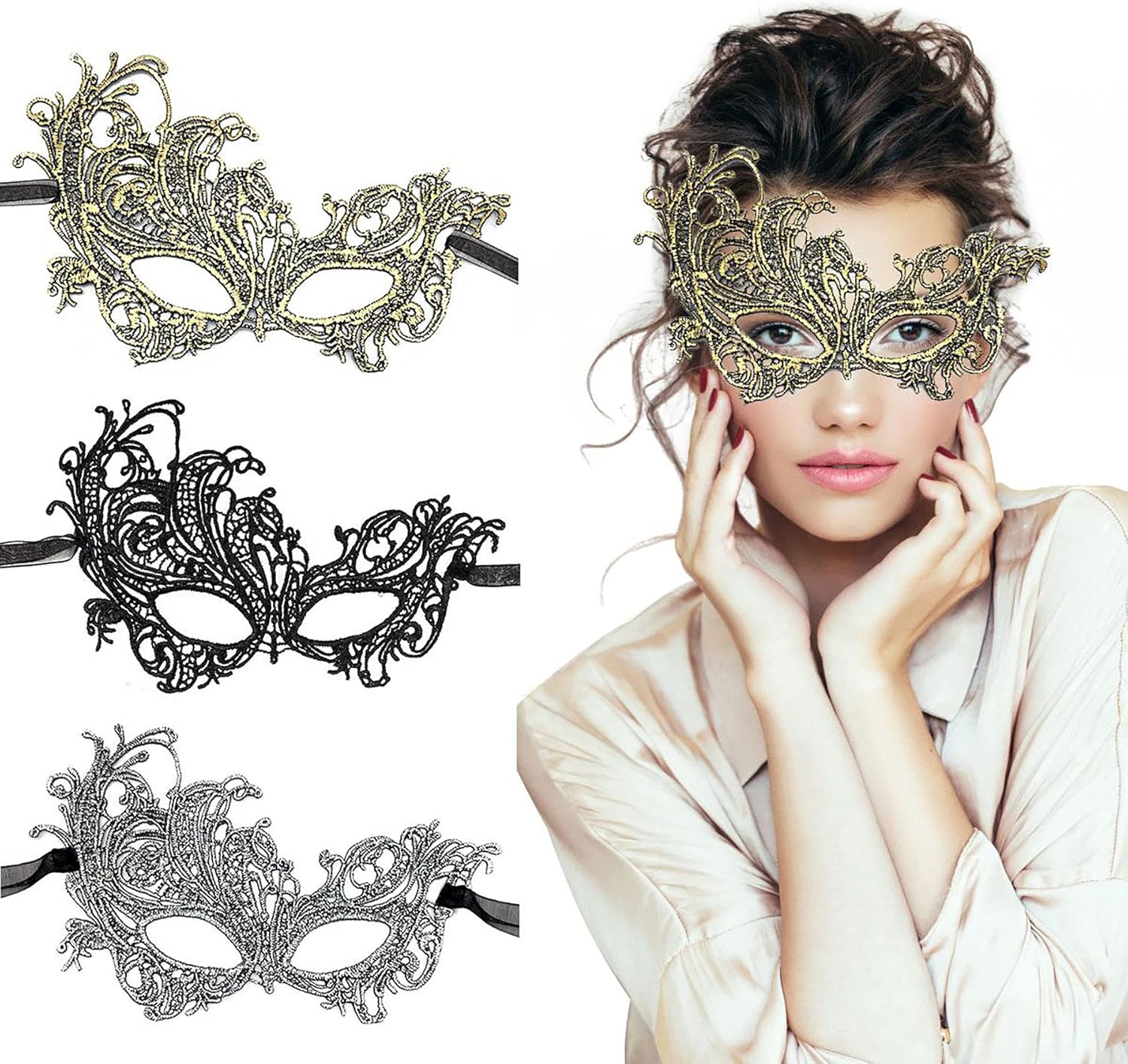Venetian Masquerade Mask for Women Elegant Lace Halloween Mardi Gras Party Gold Silver Black