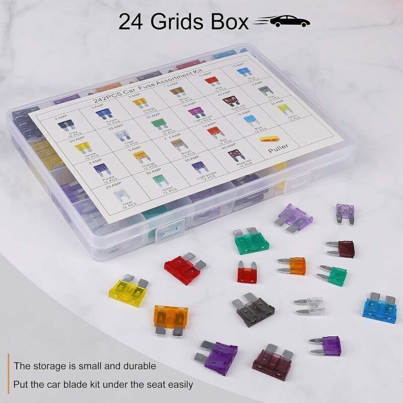 Car Fuse Auto Mini Fuses Assorted Kit 2A 3A 5A 7.5A 10A 15A 20A 25A 30A 35A 40A with Clip Storage Box 242 pcs, by DEBUNS