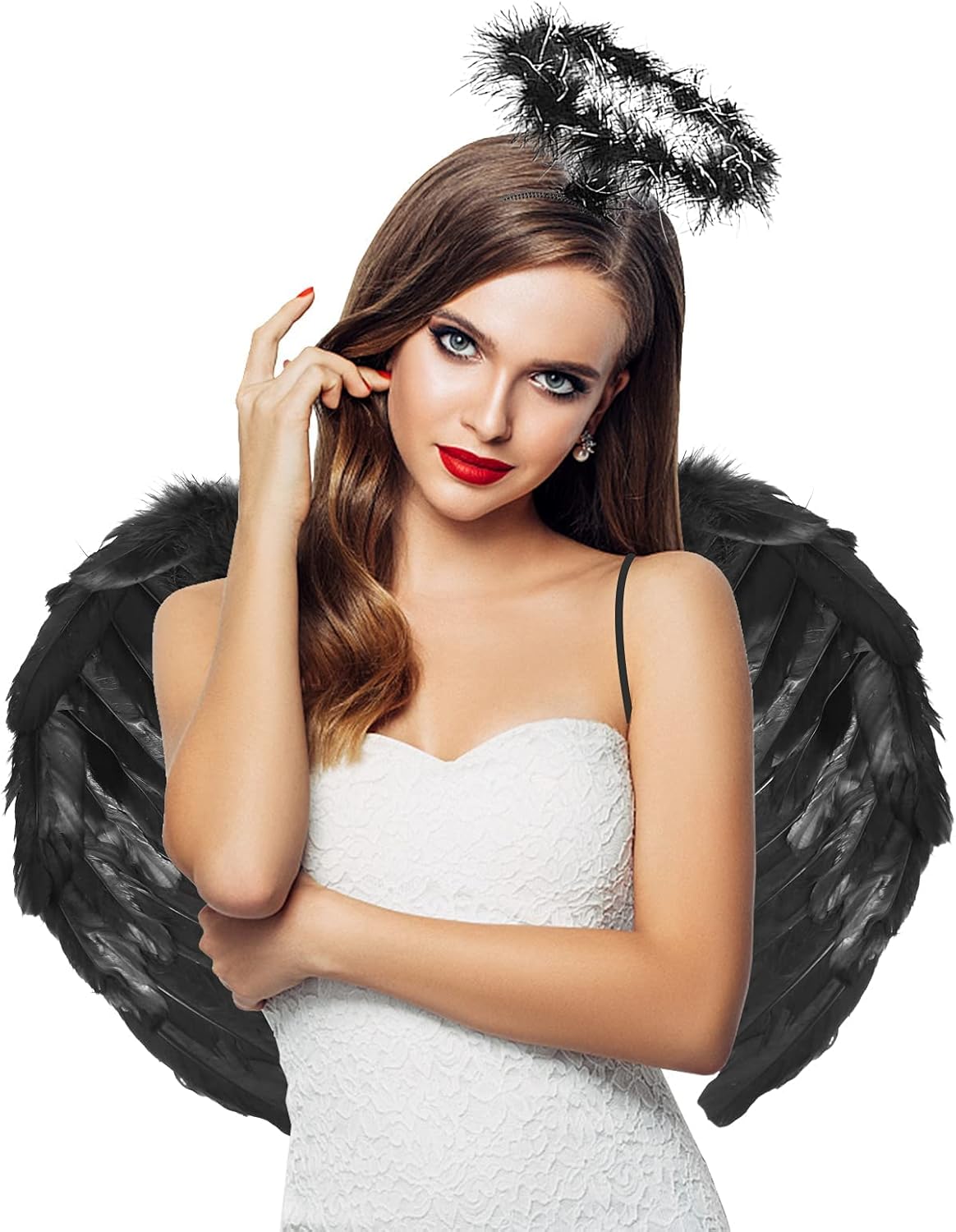 Black Angel Wings Costume - 45cm, with Halo, Compatible with Women Girls Fallen Feather Wings