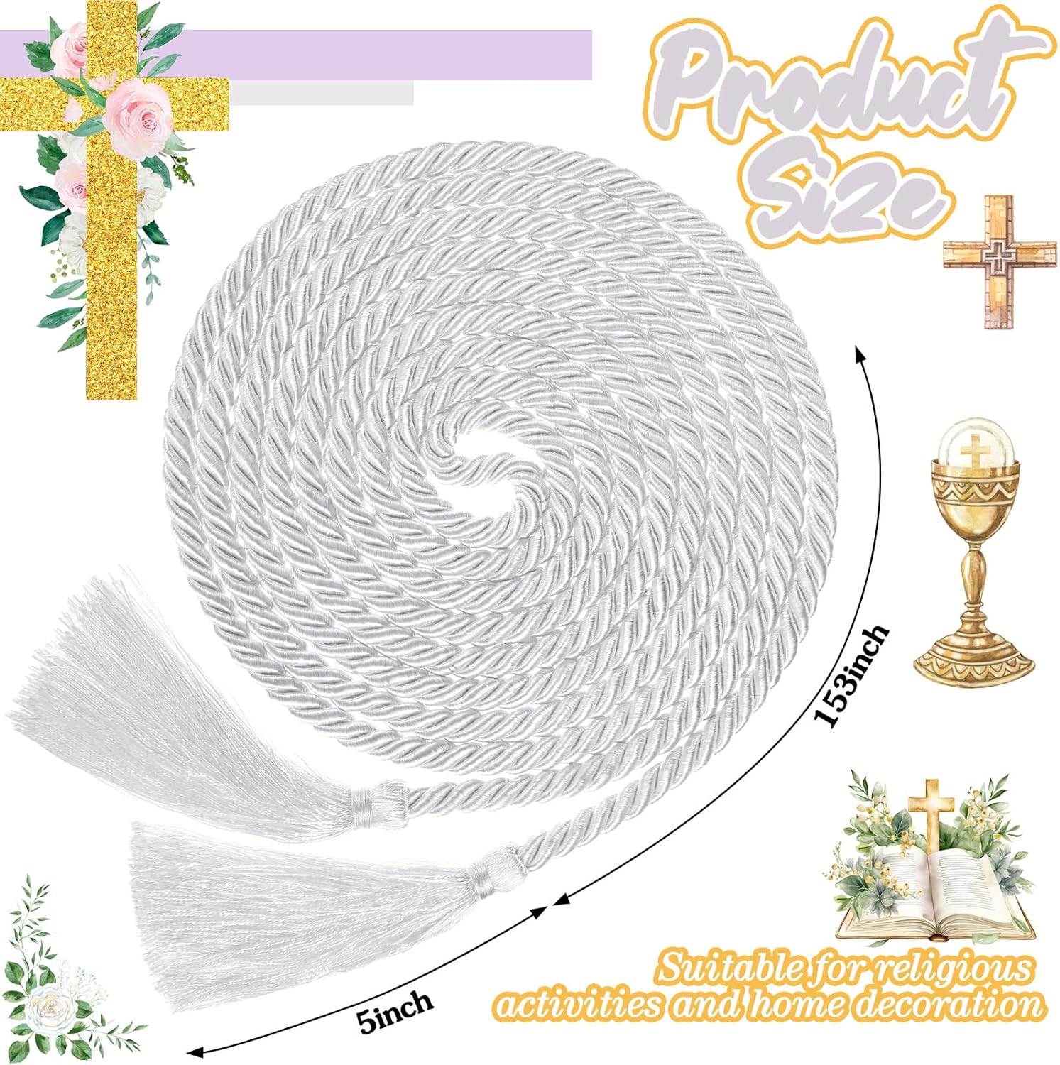 153 Inch Cincture Clergy Rope with Tassels Monks Religious Rites Celebrating Masses Alba Robes Vestments Ceremonial Decor of Christian Denominations for Priest Deacon Altar Server (White)