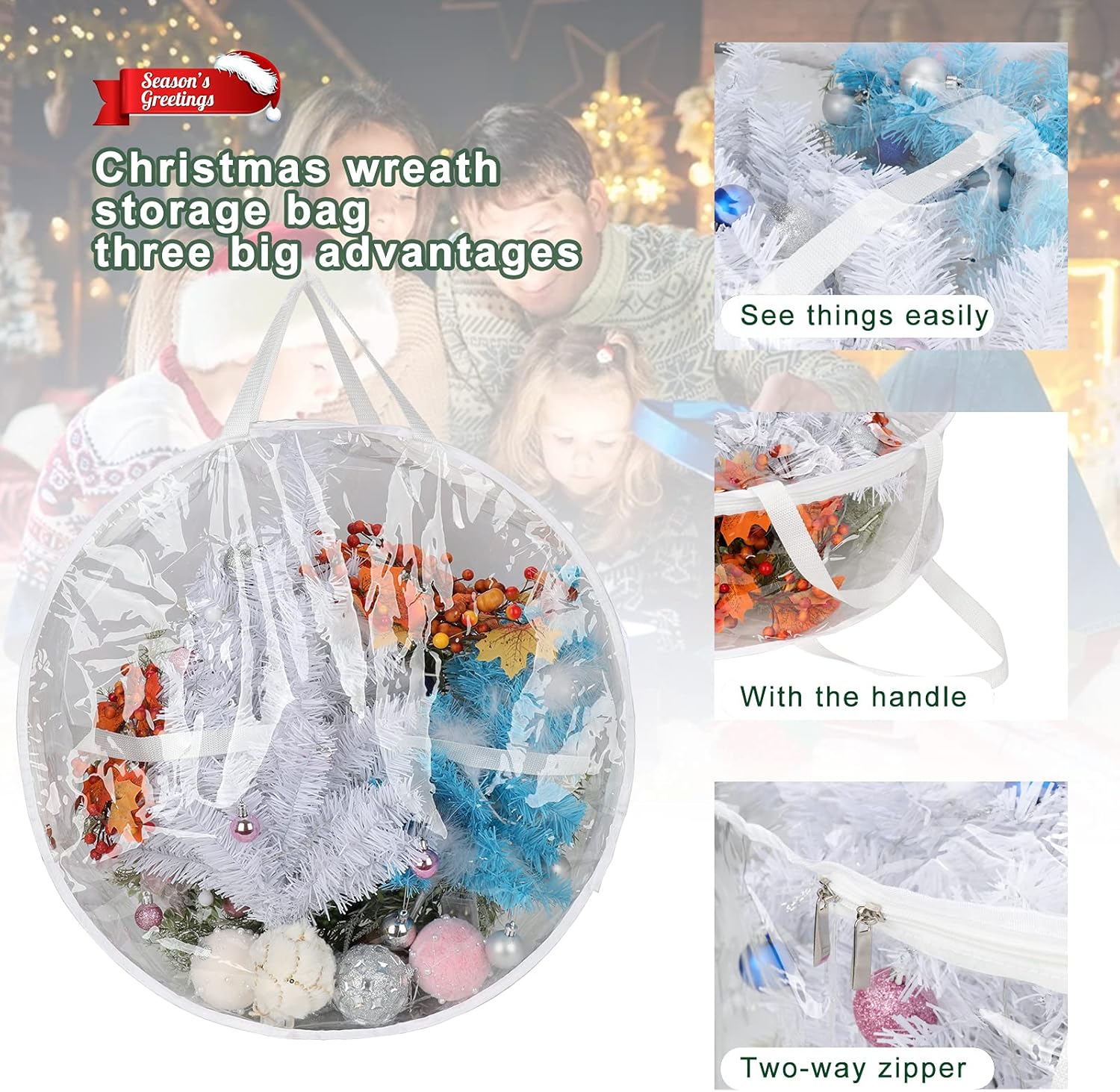 2Pcs Christmas Wreath Storage Container 20 Inch Clear Wreath Storage Bags Round Durable Wreath Bags Clear Everyday Bag with Dual Zippers and Sturdy Handles for Holiday Christmas Wreaths