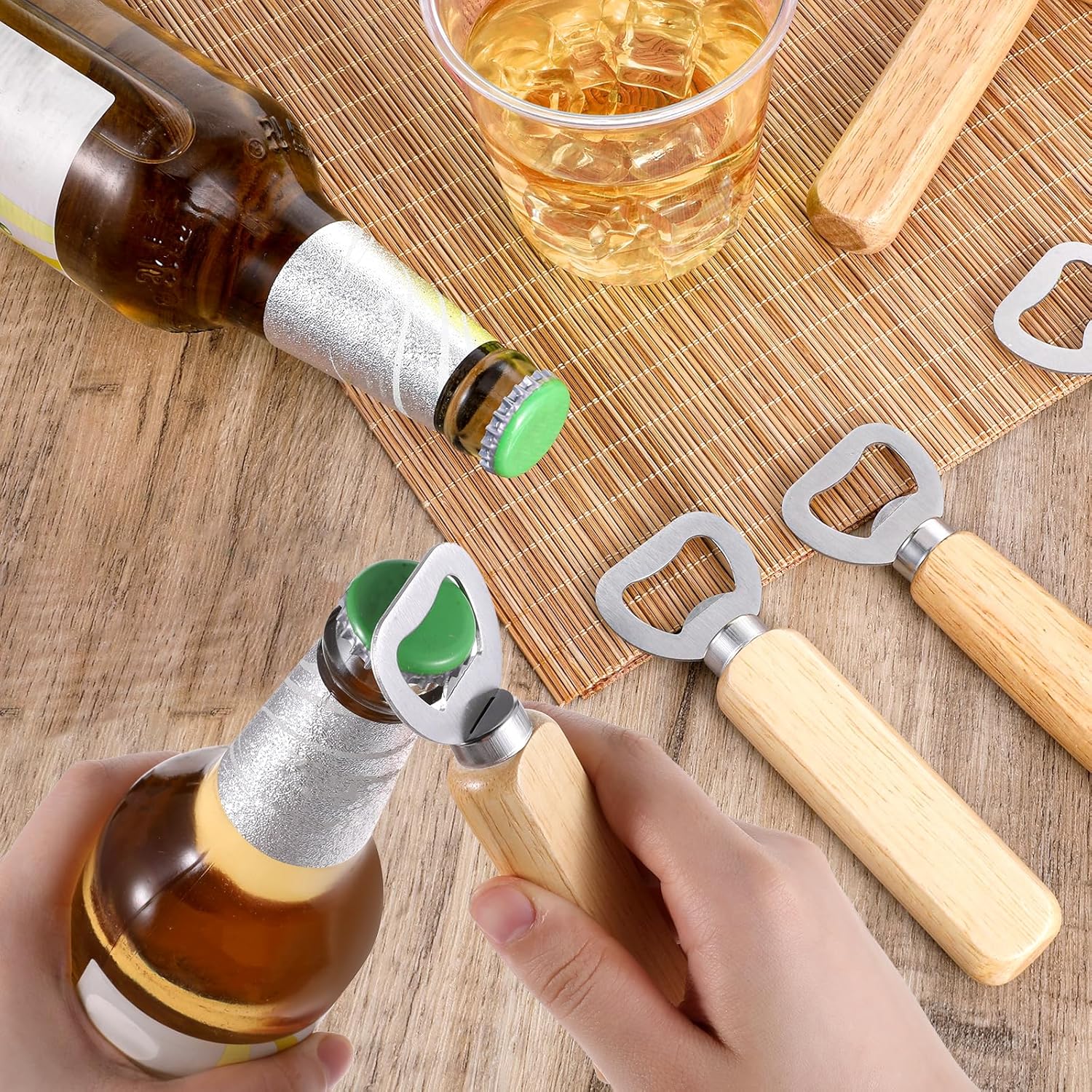 50 PCS Stainless Bottle Opener Bulk Wooden Beer Opener Set, Wood Handheld Heavy Duty Bottle Openers for Bartender Wedding Party Home Kitchen KTV Bar Restaurant