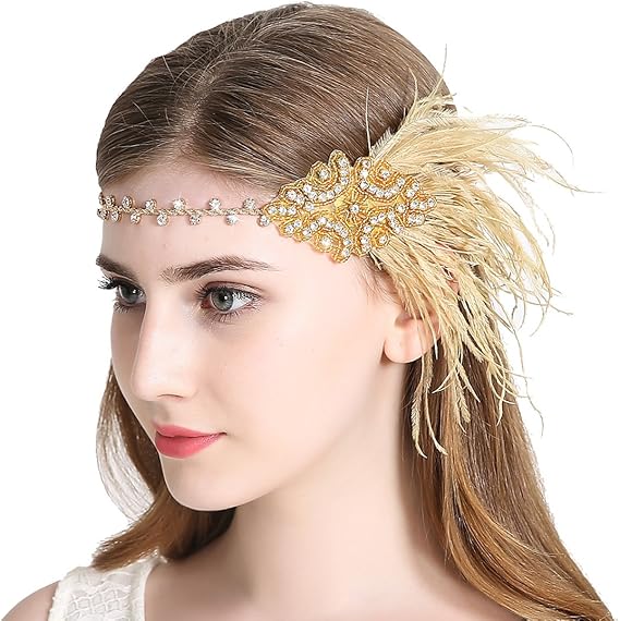 Vintage Feather Flapper Headband 1920s Art Deco Sparkly Hairband Headpiece