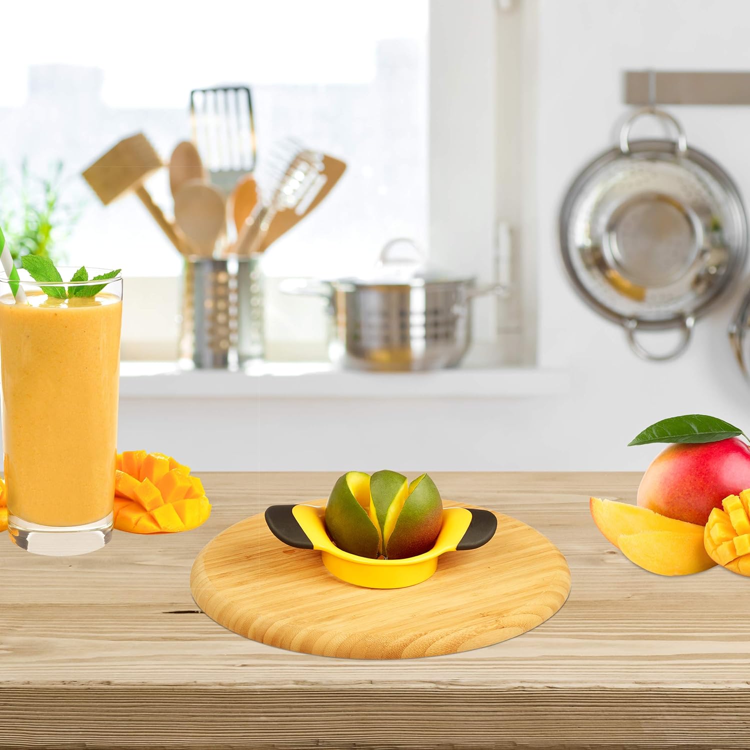 Mango Slicer with Stainless Steel Blade, Non-Slip Handle, Split and Core Mangoes, Black and Yellow