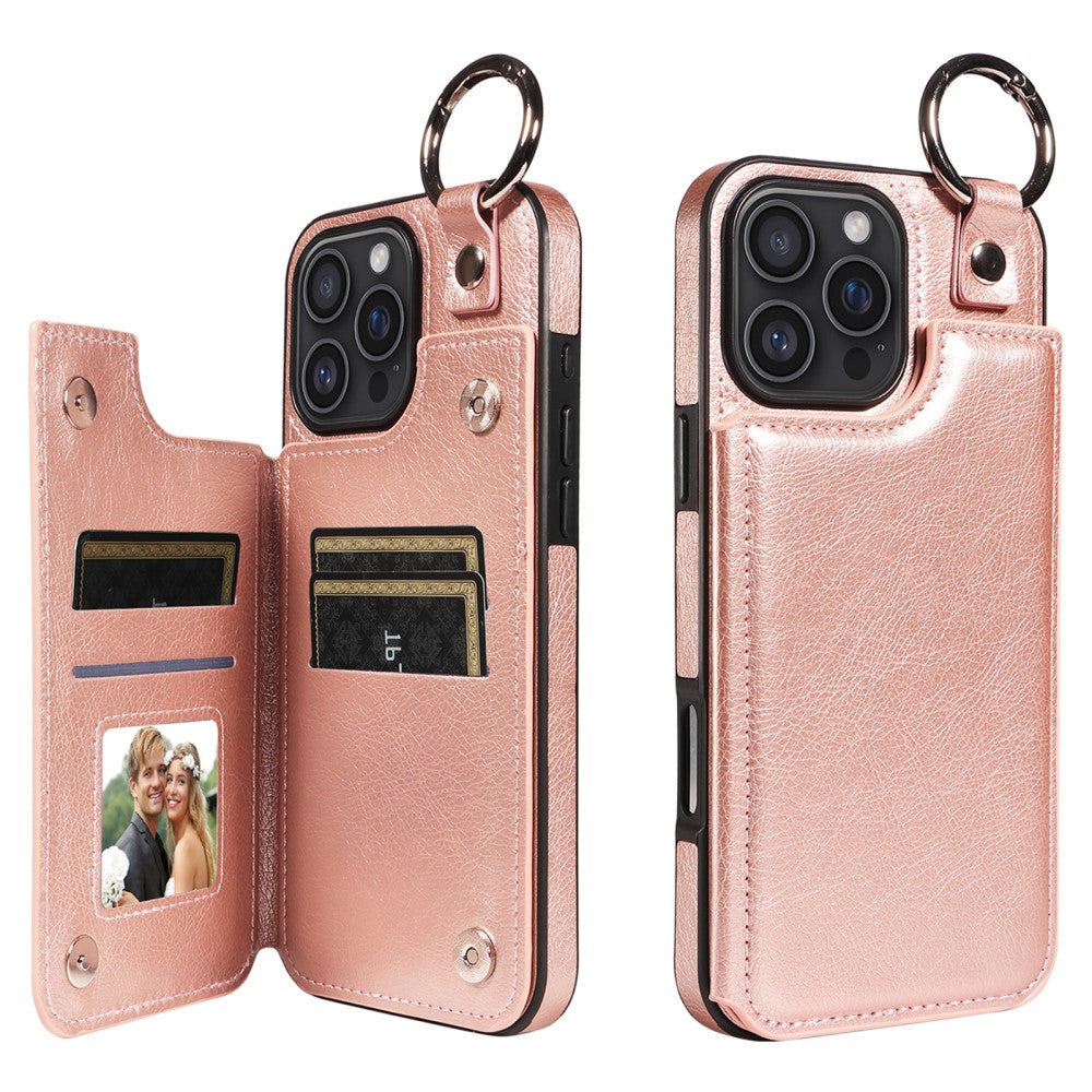iPhone 16 Pro Max Case with Ring and Card Holder, PU Leather, Compatible with Apple, Rose Gold Pink, Skalo