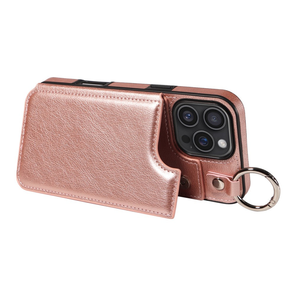 iPhone 16 Pro Max Case with Ring and Card Holder, PU Leather, Compatible with Apple, Rose Gold Pink, Skalo