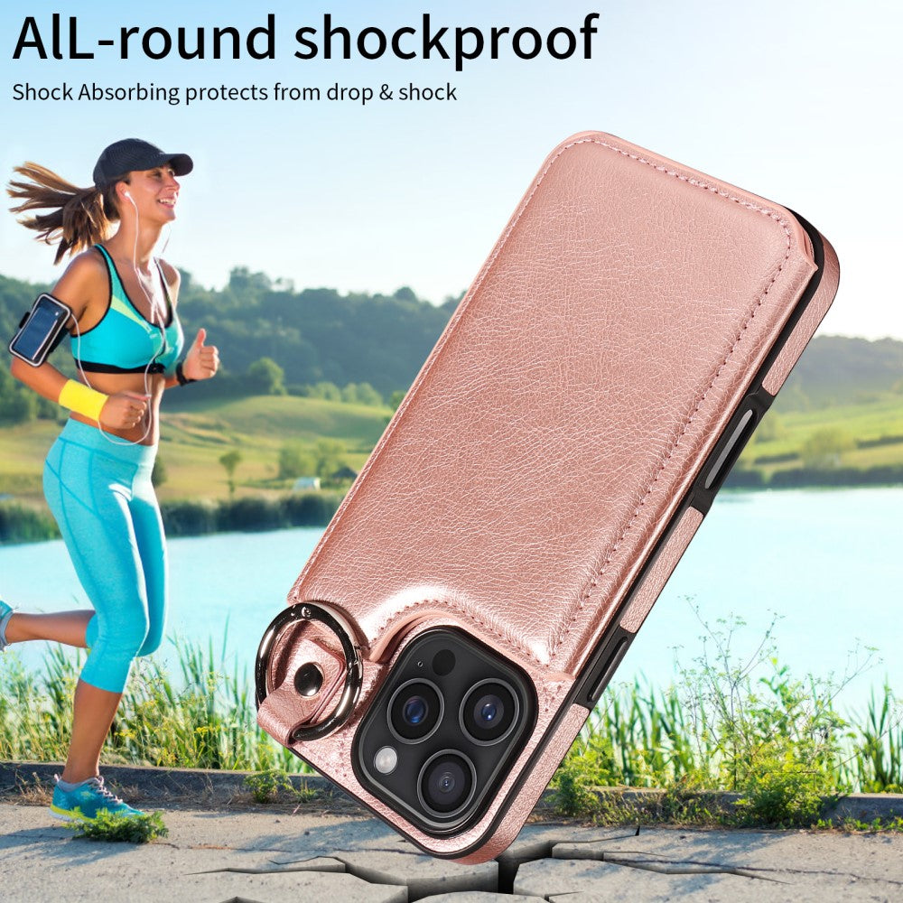 iPhone 16 Pro Max Case with Ring and Card Holder, PU Leather, Compatible with Apple, Rose Gold Pink, Skalo