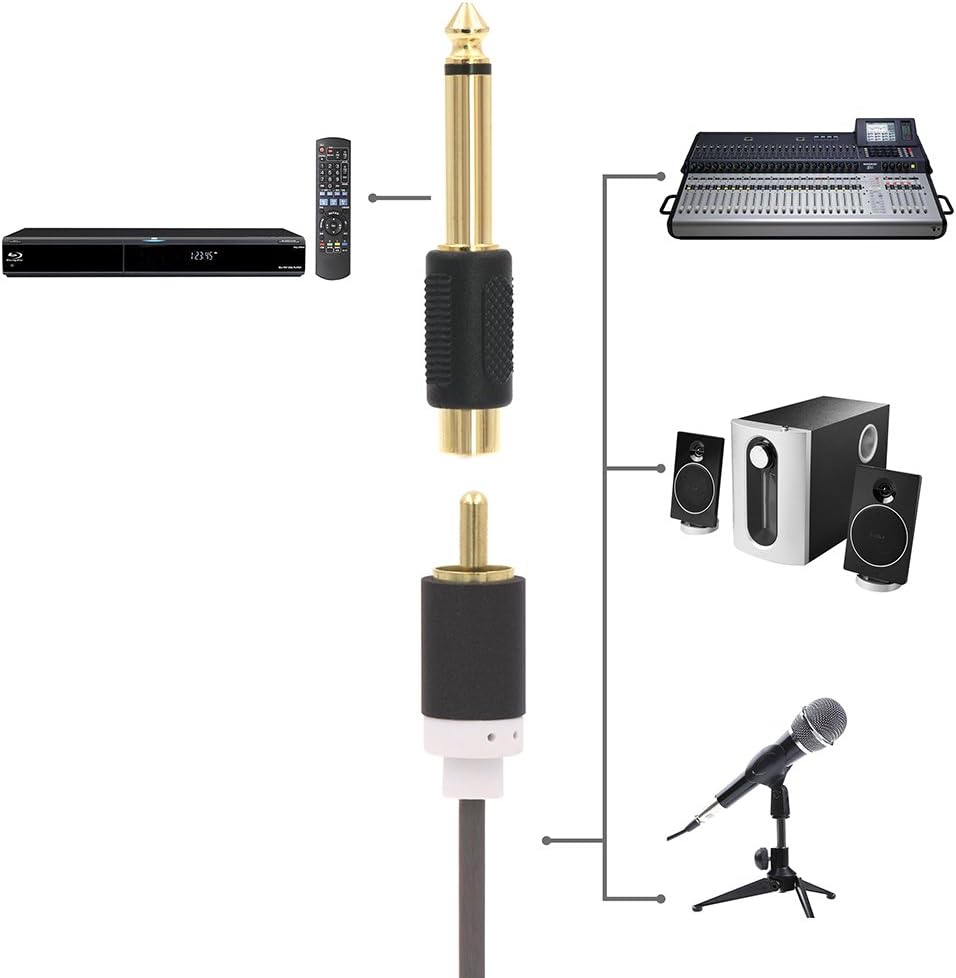 Audio Adapter 6.35mm Mono Male to RCA Female Cable Connector 6-Pack Compatible with Audio Equipment