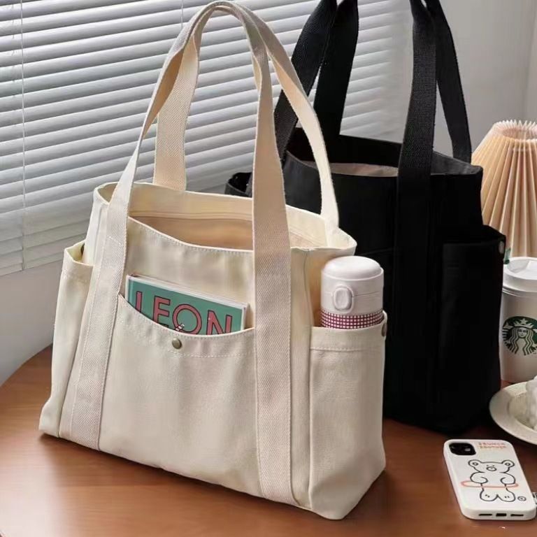 Canvas Tote Bag Large Capacity White for Work Travel College Student Book Shoulder Bag