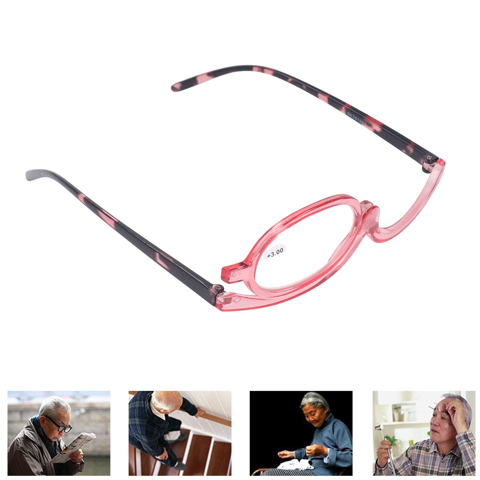 Magnifying Cosmetic Glasses Lightweight Foldable Rotating Single Lens +3.00 Pink for Women