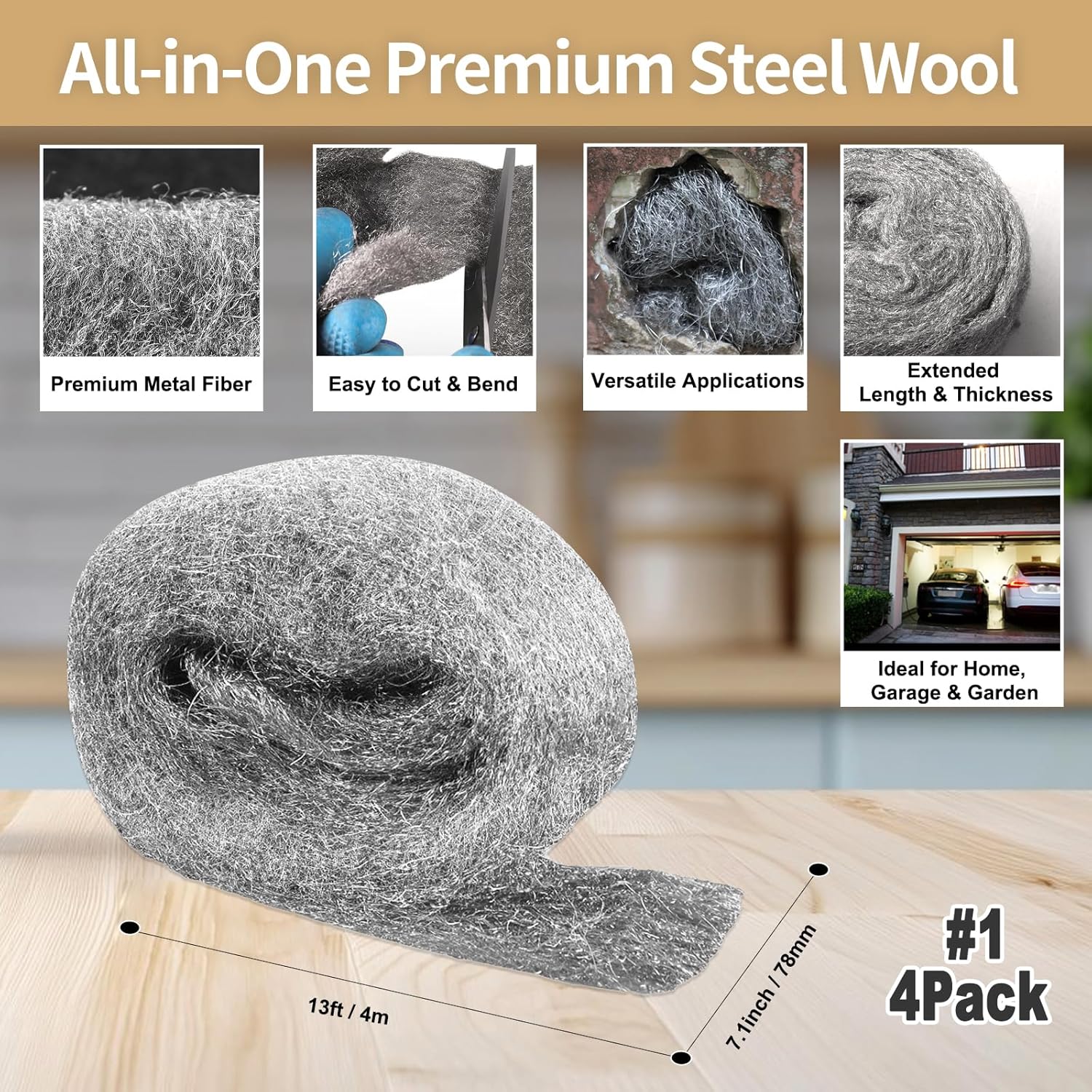 Steel Wool for Mice Control,4 Pack of 3.1" x13 Ft Steel Wool,Gap Filler for House & Garage,Keep Mice Away from Holes, Siding, Pipeline, Vents in Garden, House, Hardware DIY Kit( #1 Coarse)