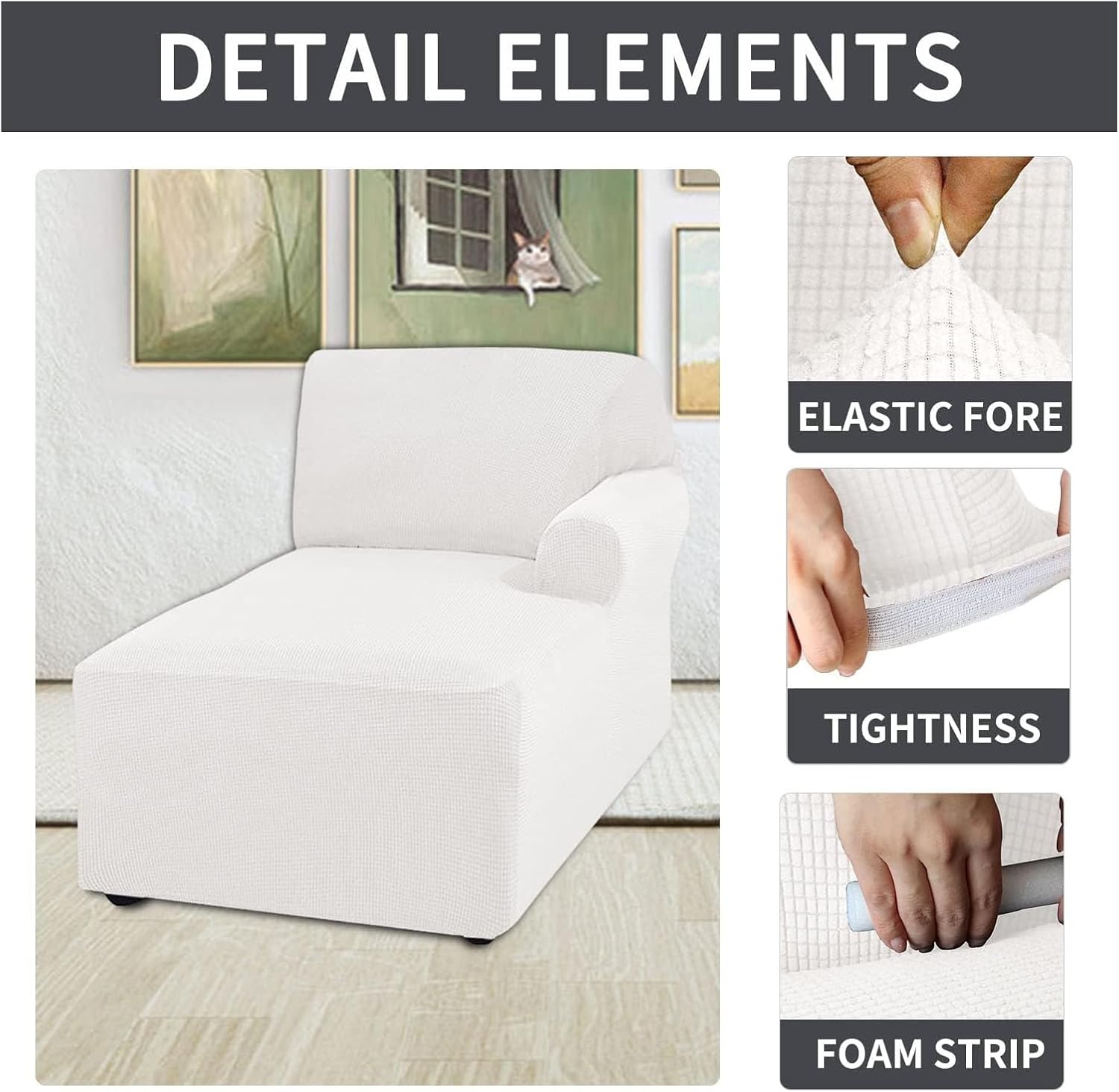 L Shape Sofa Chaise Lounge Cover, Thick Stretch Protector for Living Room Couch Cover Machine Washable (White, Right)