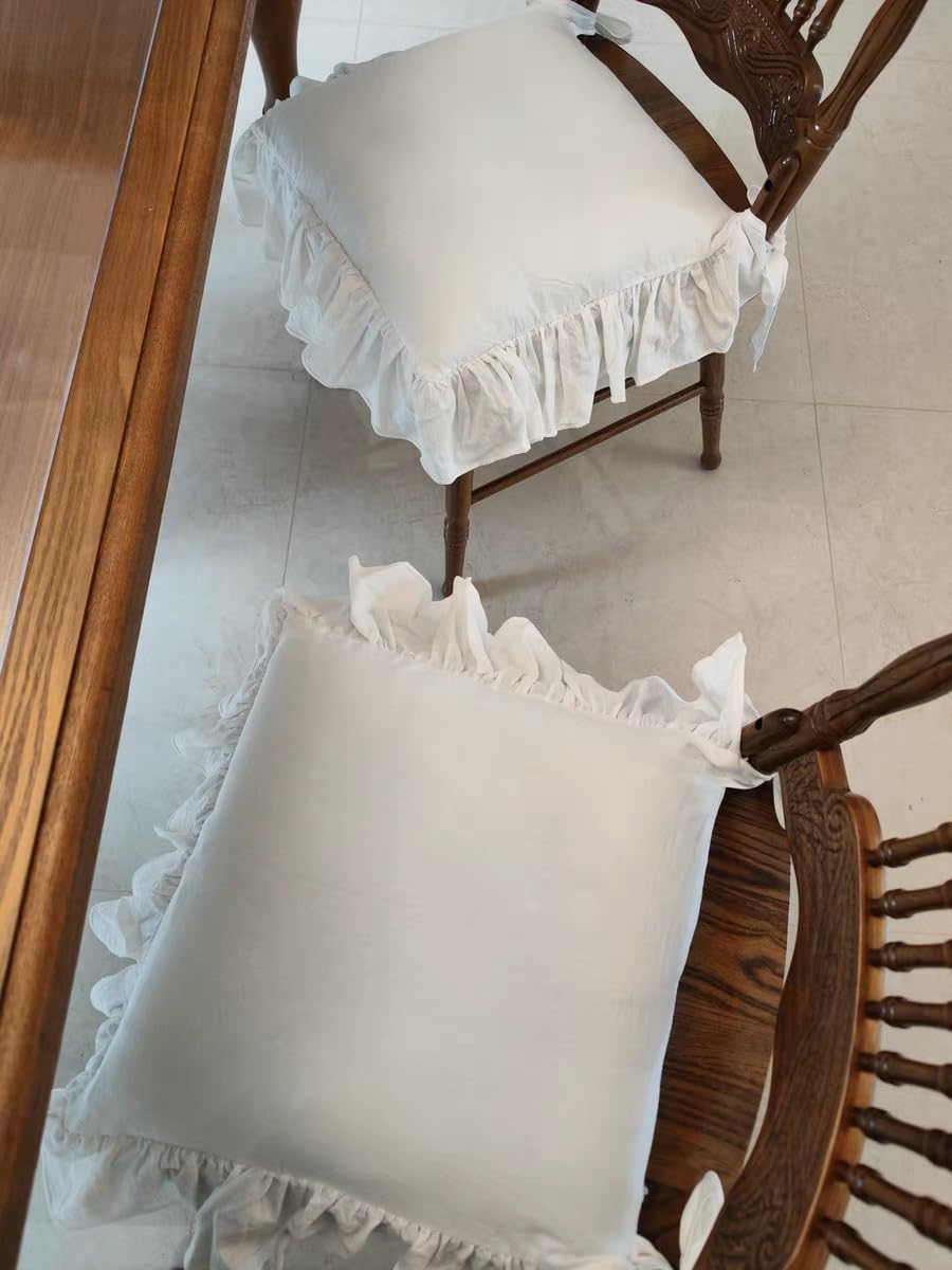Farmhouse Indoor Chair Cushions for Dining Non-Slip Rocking Chair Cushions with Zipper Ruffled Cotton Seat Cushion for Kitchen White Retro Chair Pads with Ties 14.5''×14.5''