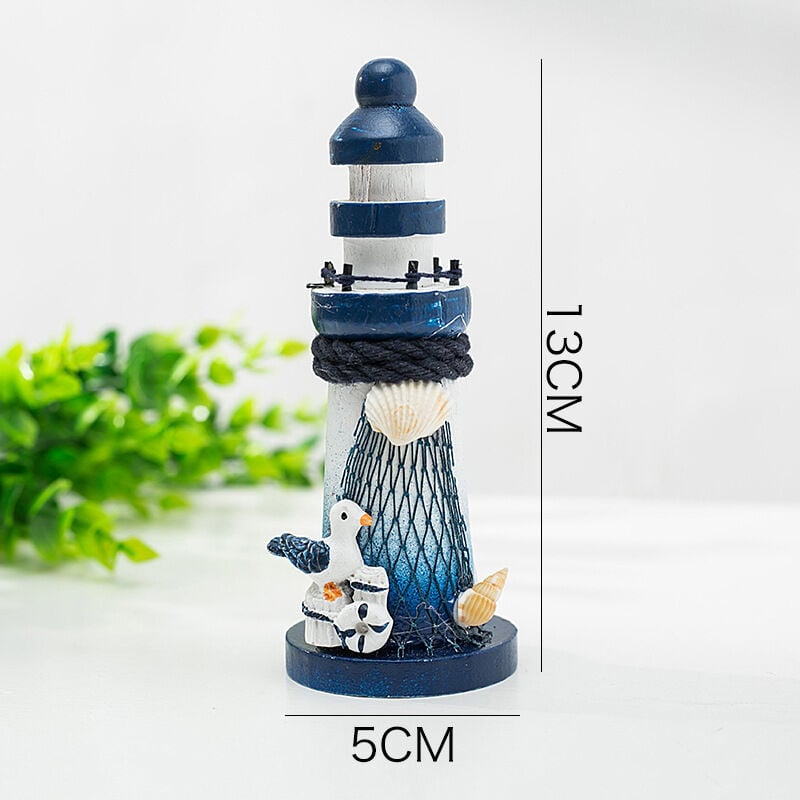 Mini Wooden Lighthouse Decor - Nautical Ornament with Seabird, 10cm - Marine Decoration in Mediterranean Style