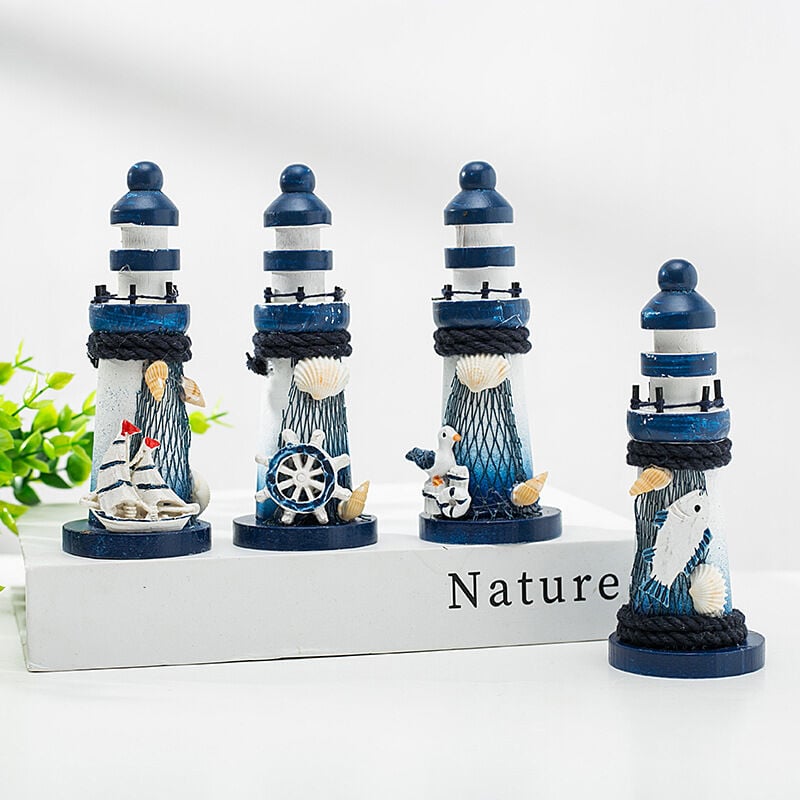 Mini Wooden Lighthouse Decor - Nautical Ornament with Seabird, 10cm - Marine Decoration in Mediterranean Style