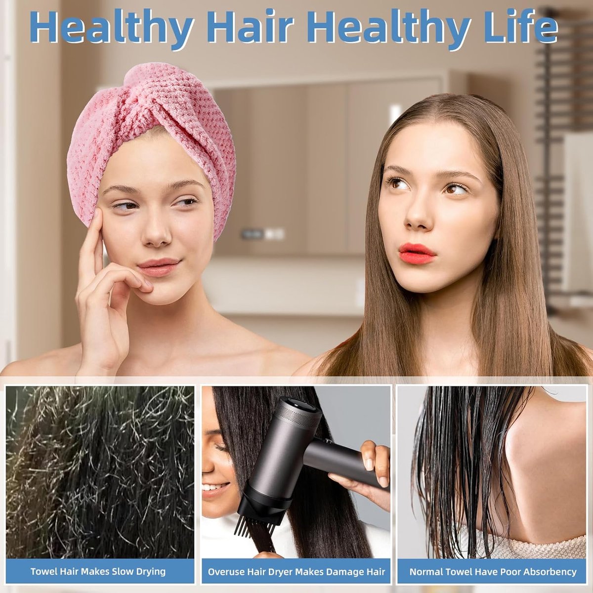 Towels - 4 pcs - Wet Hair Towel - Dry Hair Towel - Long Hair Headband - Women's Towels - Bathroom Amenities