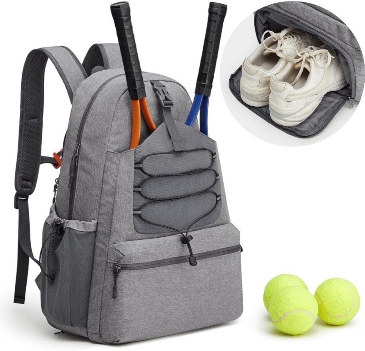 Backpack - Tennis Bag - Sports Bag - Waterproof Racket Bag - Suitable for multiple rackets with shoe compartment - Gray