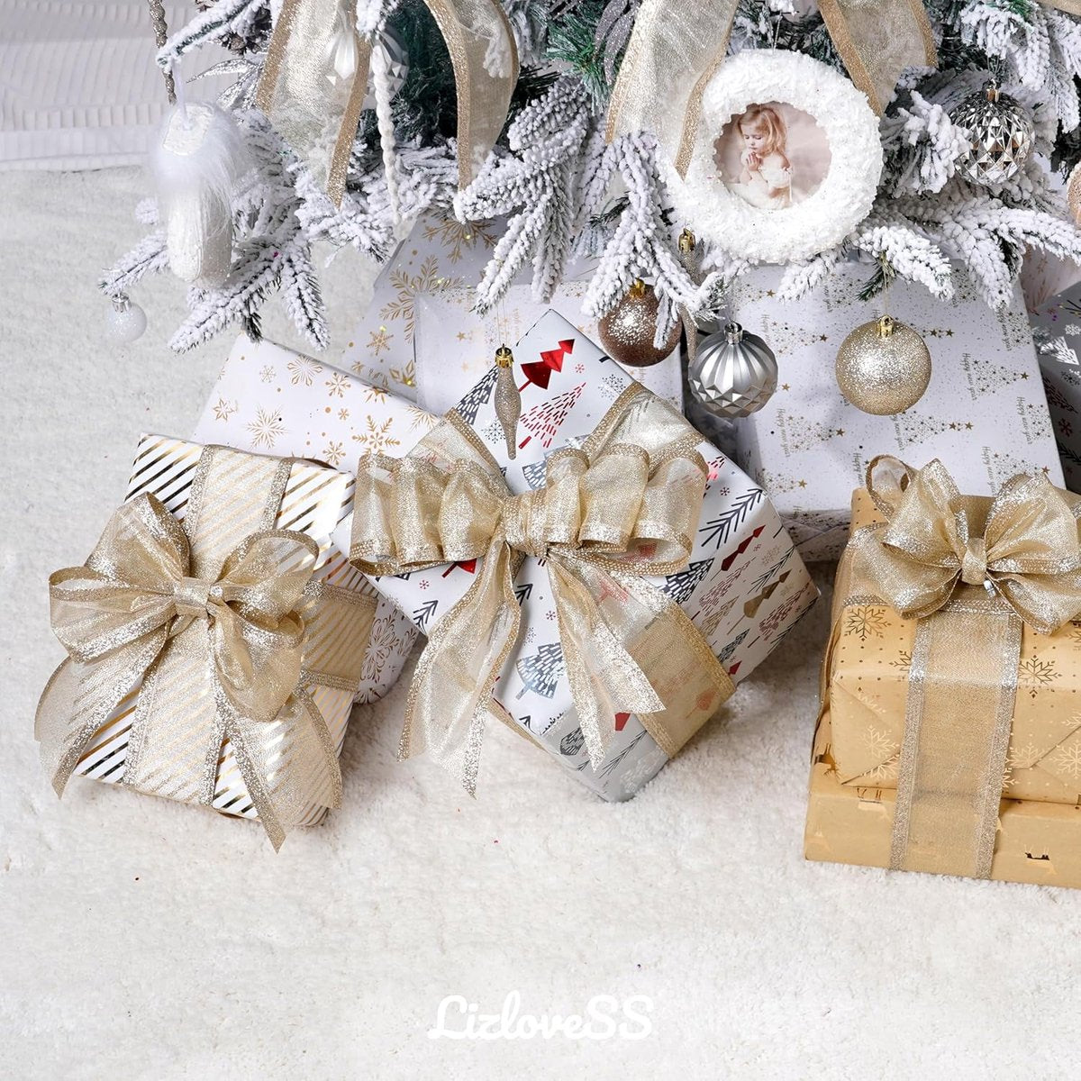 Champagne Christmas Ribbon - 2.5" Champagne Gold Metallic Ribbon with Glitter Stripes - Christmas Tree Ribbon, Garland Supplies - Ornaments - Wreaths - Party Decorations - 10 Yards