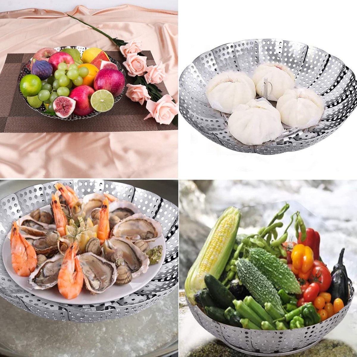 Vegetable Steamer Basket - Collapsible Steamer Basket - Stainless Steel Foldable Steamer Basket - For Cooking Food - Expandable, Suitable for Pots of Different Sizes (13.5cm to 21.8cm).