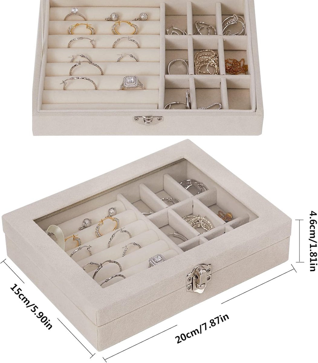 Jewelry Box - Jewelry Box with Glass Lid and Lock - 9 Compartment Jewelry Organizer - Suitable for storing earrings, bracelets and women's jewelry.