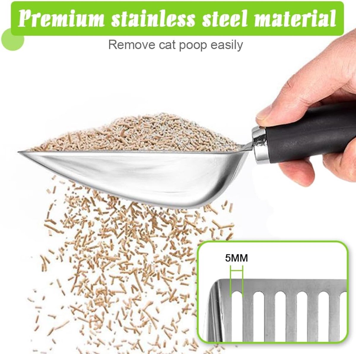 Cat Litter Scoop - Metal Cat Litter Scoop Made of Stainless Steel - Sturdy Mesh Scoop - Mesh Scoop - Easy to Clean - Suitable for Litter Boxes - Light Black