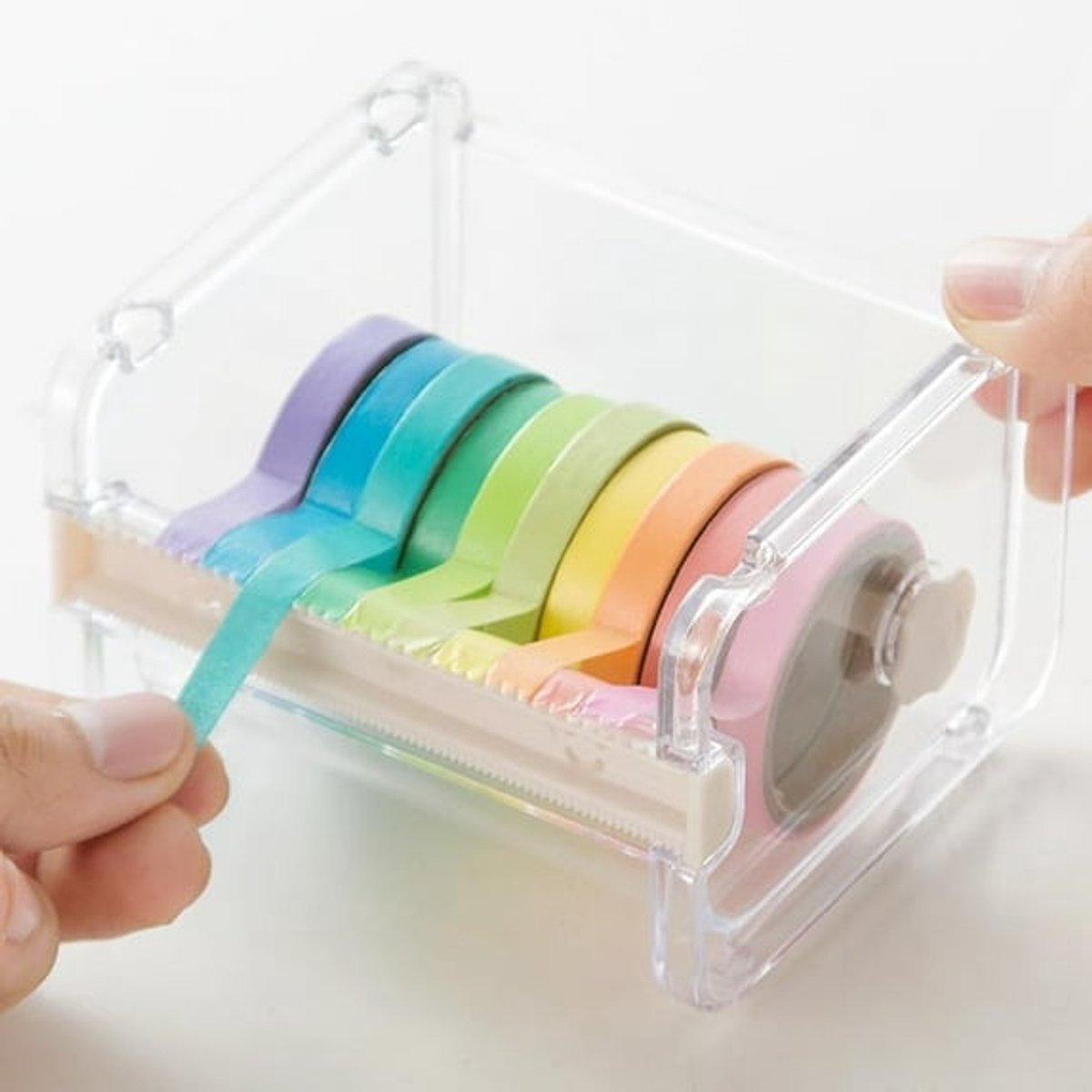 Transparent, visible packaging tape dispenser - holder for cutting tape - organizer, holder for desk and office tape - holder for self-adhesive roll tape dispenser - storage tape, cutting tape - adhesives and fasteners