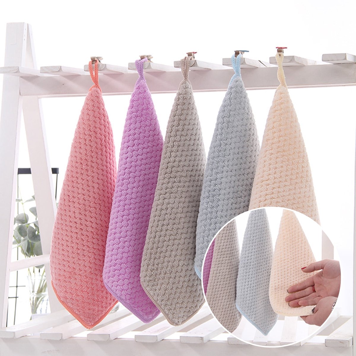 5-pack - Hanging ring, machine washable, quick drying - Hanging towels - Kitchen and bathroom towel strips (beige + pink + blue + purple + gray)