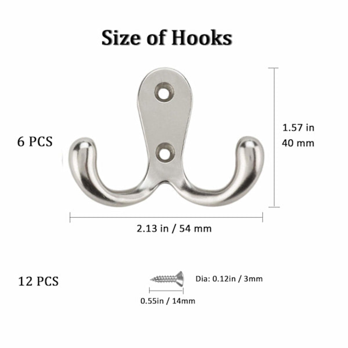 Double Hook - Chrome Double Coated Hook - Clothes - Bathrobe - Towel - Bathroom Bedroom Door Wall 6 Pieces