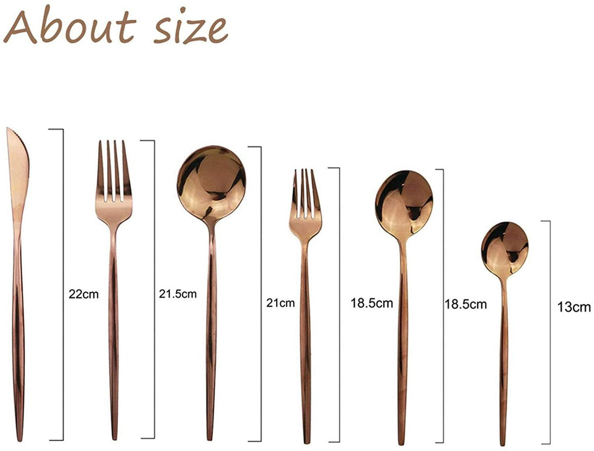 Cutlery Set - Mirror-polished copper cutlery set (for 6 persons) - Shiny stainless steel cutlery set (36-piece) - Dinner knife, fork, spoon, dessert fork, salad spoon - Dishwasher safe