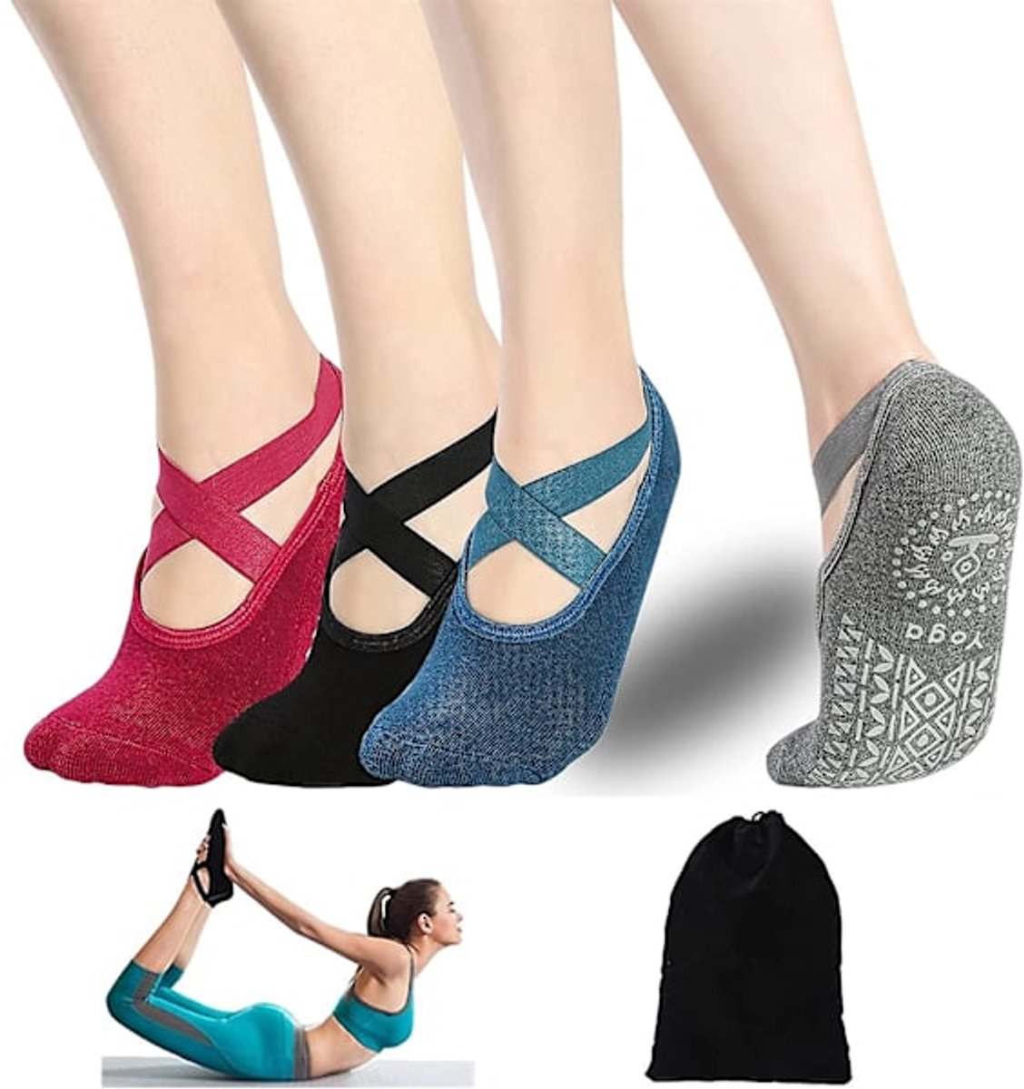 4 pairs of socks - yoga socks - non-slip socks - floor socks - yoga sports socks - one size fits all - suitable for ballet, dance, sports - red, blue, black, gray