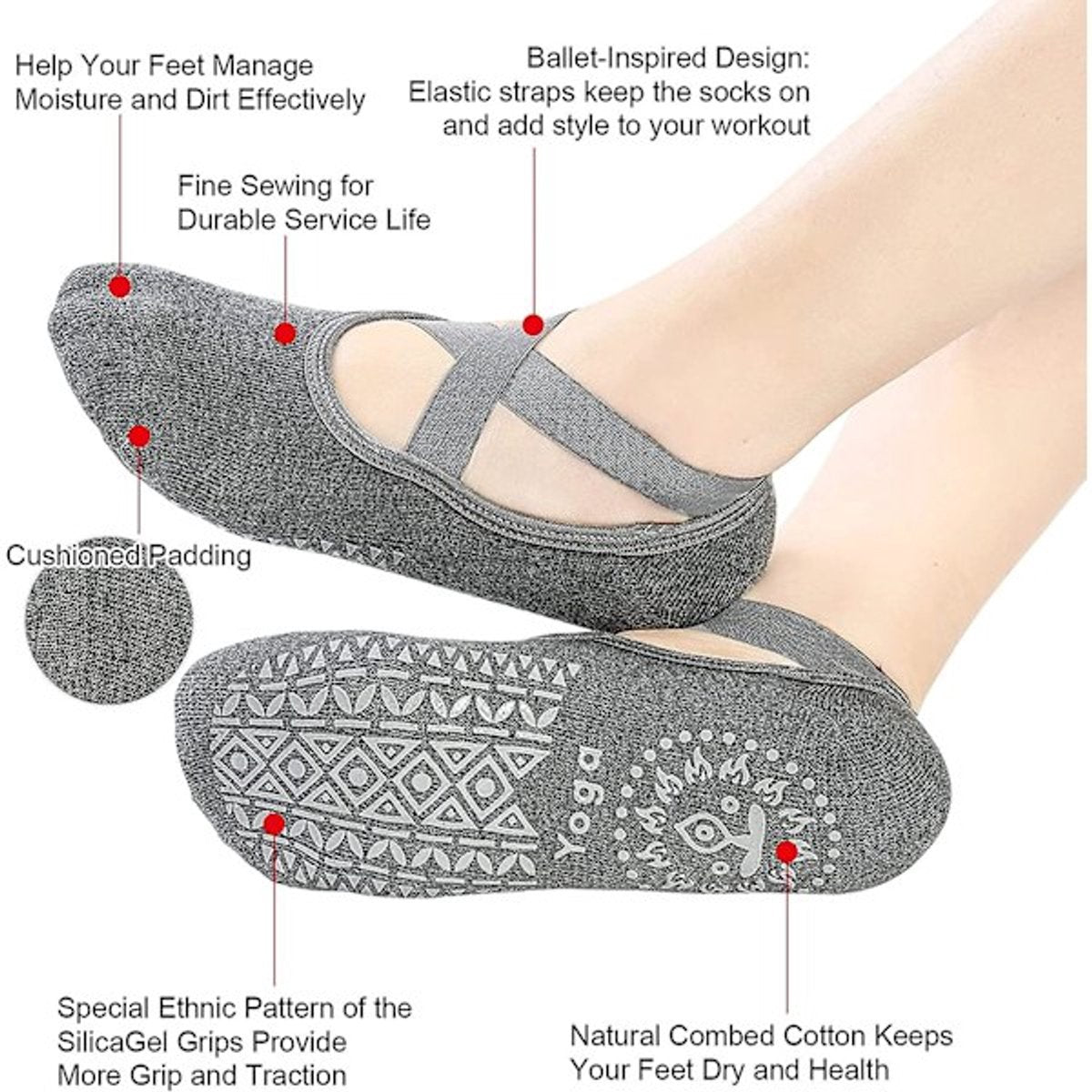 4 pairs of socks - yoga socks - non-slip socks - floor socks - yoga sports socks - one size fits all - suitable for ballet, dance, sports - red, blue, black, gray