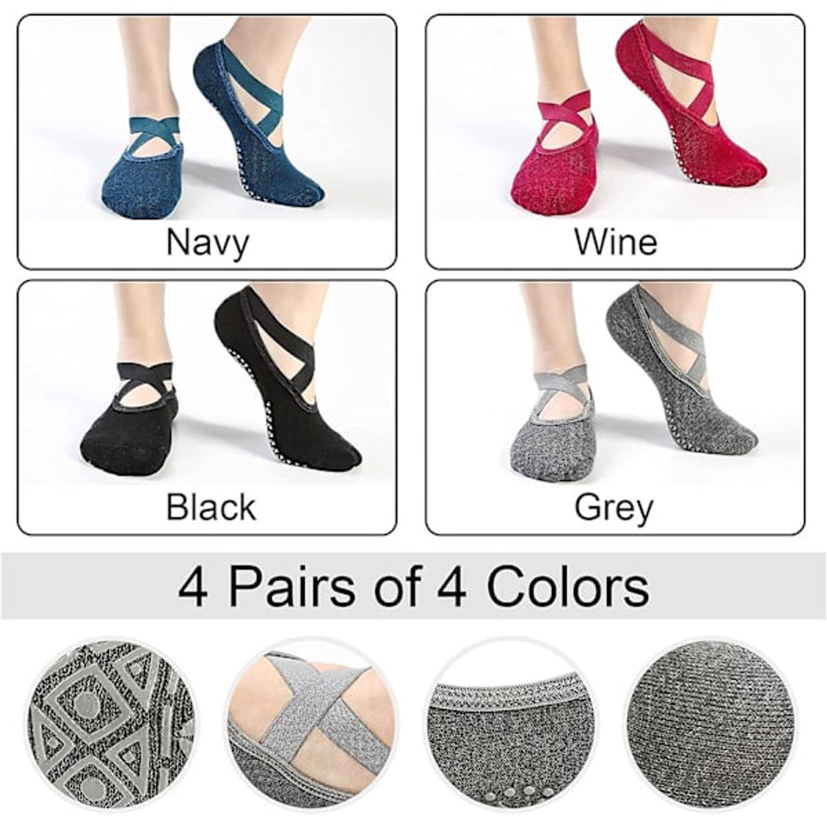 4 pairs of socks - yoga socks - non-slip socks - floor socks - yoga sports socks - one size fits all - suitable for ballet, dance, sports - red, blue, black, gray