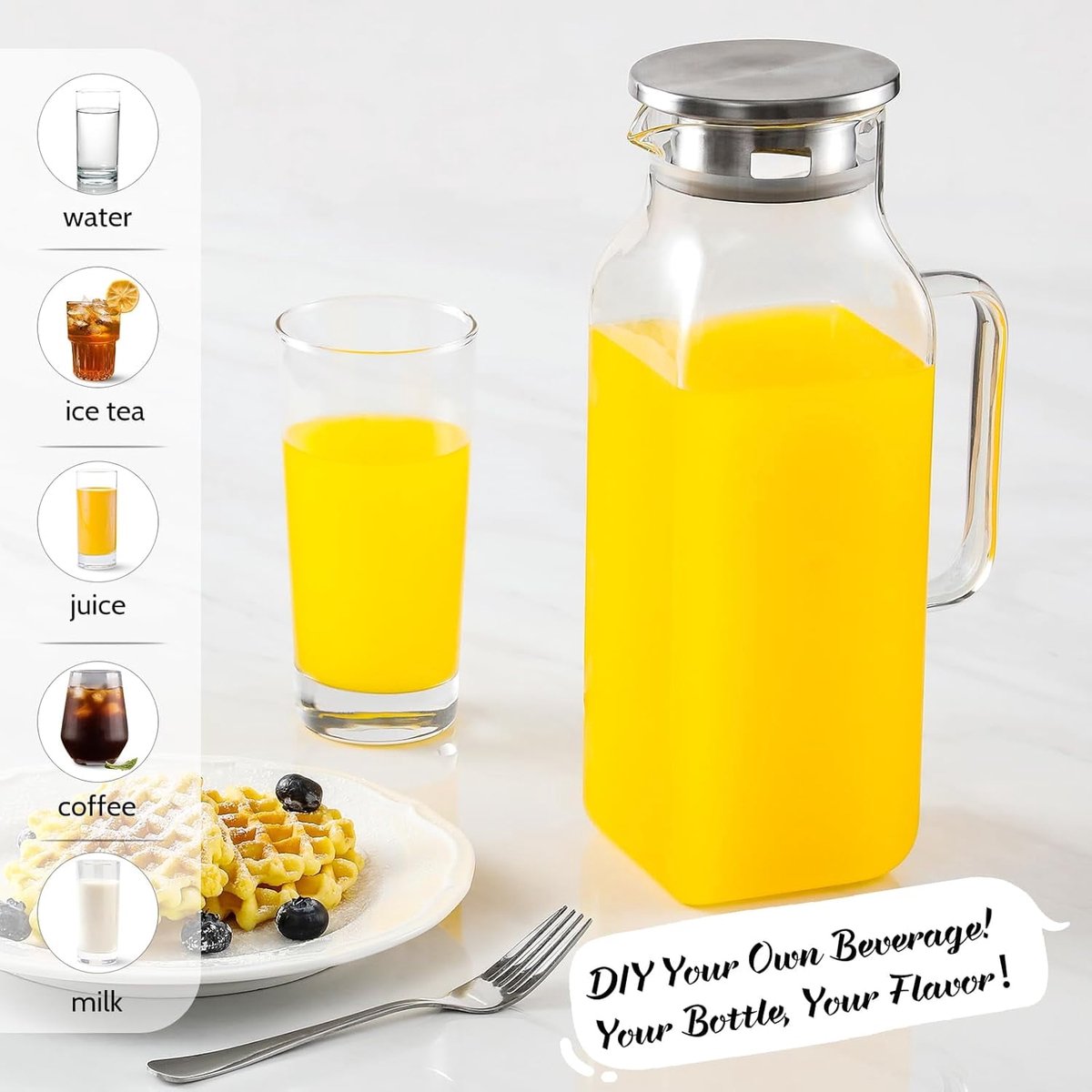 Square glass water jug - with lid and handle - refrigerator safe - suitable for hot and cold drinks - large capacity for home and restaurant use - suitable for coffee, juice, milk and other drinks.