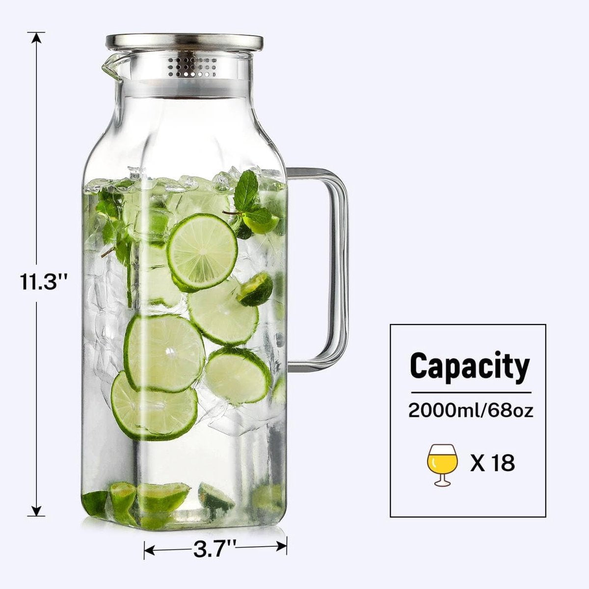 Square glass water jug - with lid and handle - refrigerator safe - suitable for hot and cold drinks - large capacity for home and restaurant use - suitable for coffee, juice, milk and other drinks.