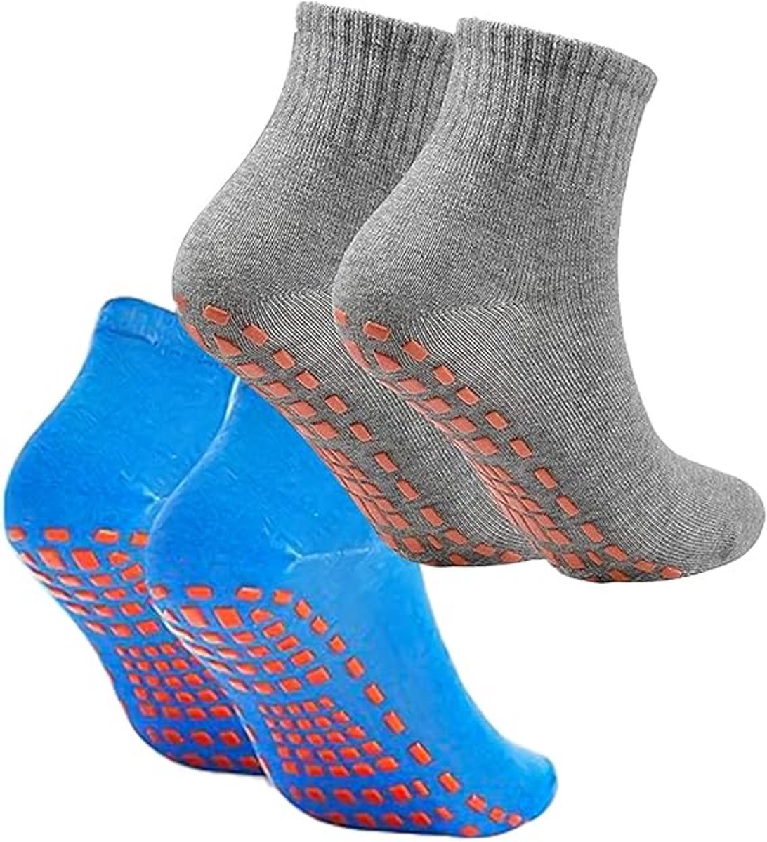 Non-slip socks (2 pairs) - Yoga socks - Non-slip yoga socks for women - Non-slip sports socks for adults - 100% cotton - Sports - Yoga - Pilates - Gymnastics - Trampoline socks - Blue - Gray - Sizes 36-43