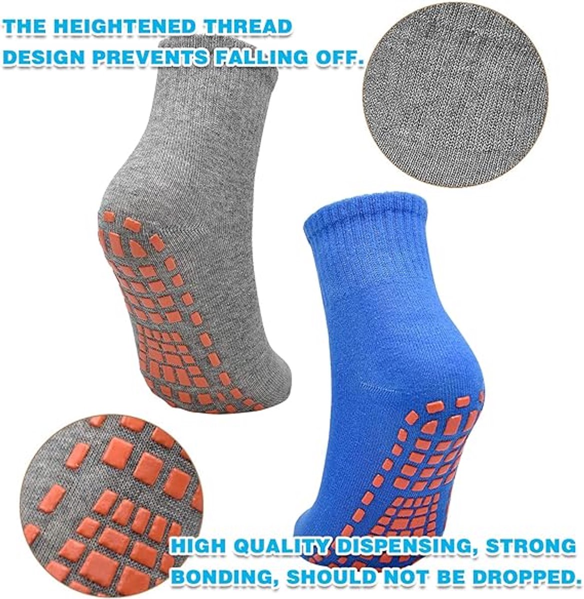 Non-slip socks (2 pairs) - Yoga socks - Non-slip yoga socks for women - Non-slip sports socks for adults - 100% cotton - Sports - Yoga - Pilates - Gymnastics - Trampoline socks - Blue - Gray - Sizes 36-43