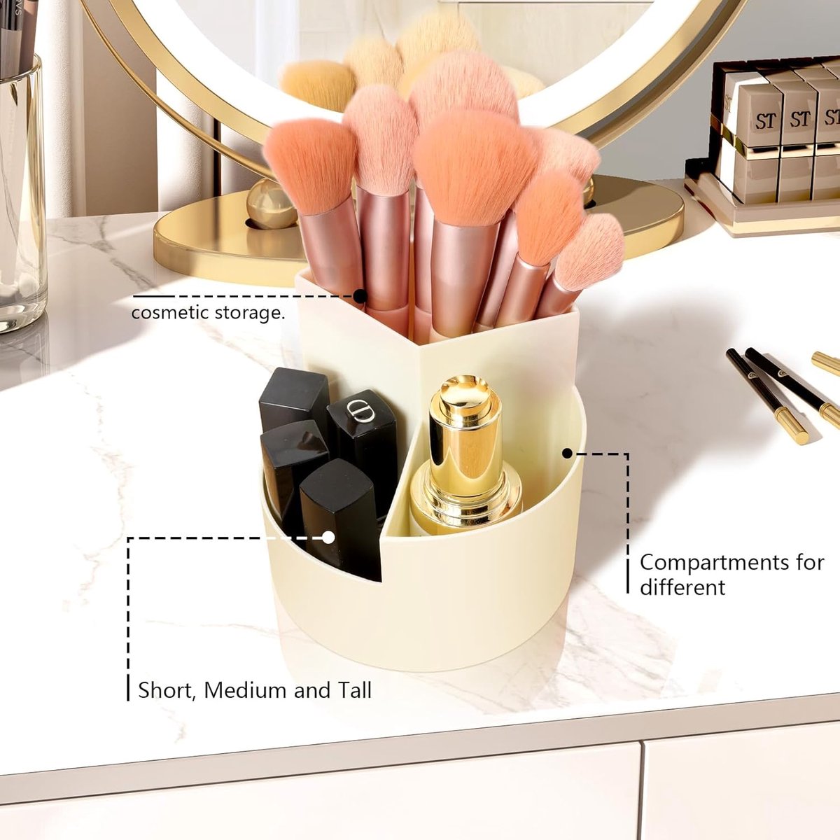 Desktop Rotating Pencil Holder - 3-Compartment Rotating Pencil Holder - Pencil Organizer - 360 Degree Rotating Office Supplies Organizer - for Pencils, Crayons & Office Supplies (White)