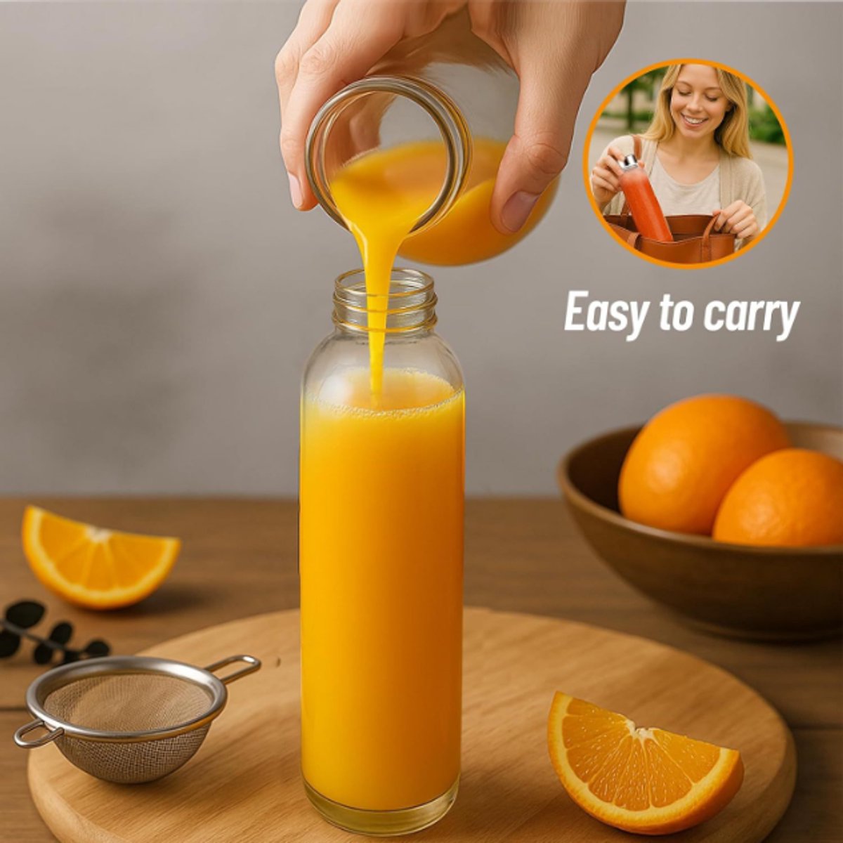 Glass Bottles - Set of 6 - 16oz Glass Juice Bottles for Drinking, Juicing & Tea Brewing with Lids - Leak-proof Set for Fridge Storage