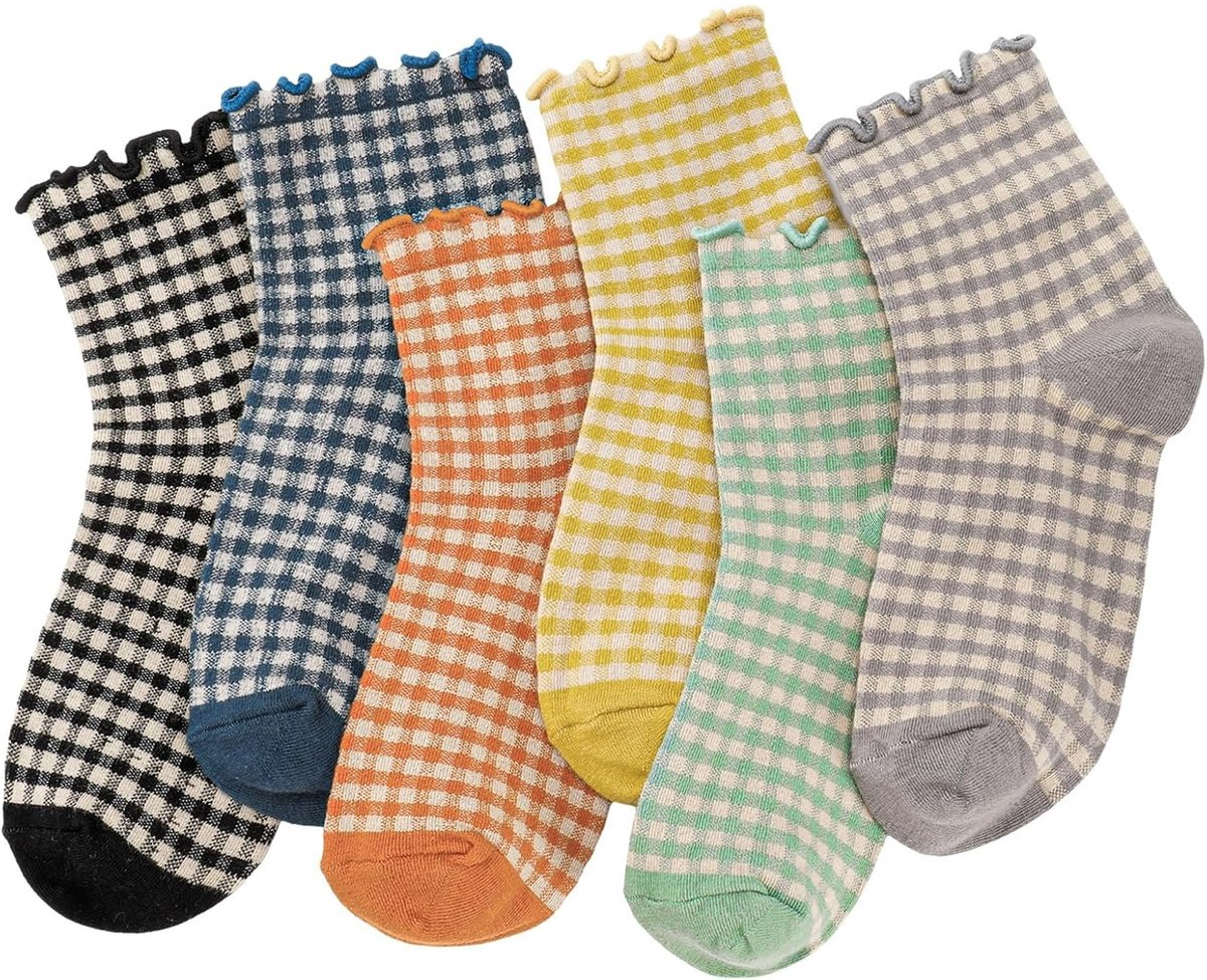 Socks - 6 Pairs of Pleated Socks for Women, Striped Pleated Socks, Cute Socks for Women - Checked Socks - Ankle Socks for Women - Cotton Knitted Socks - Sizes 5-9
