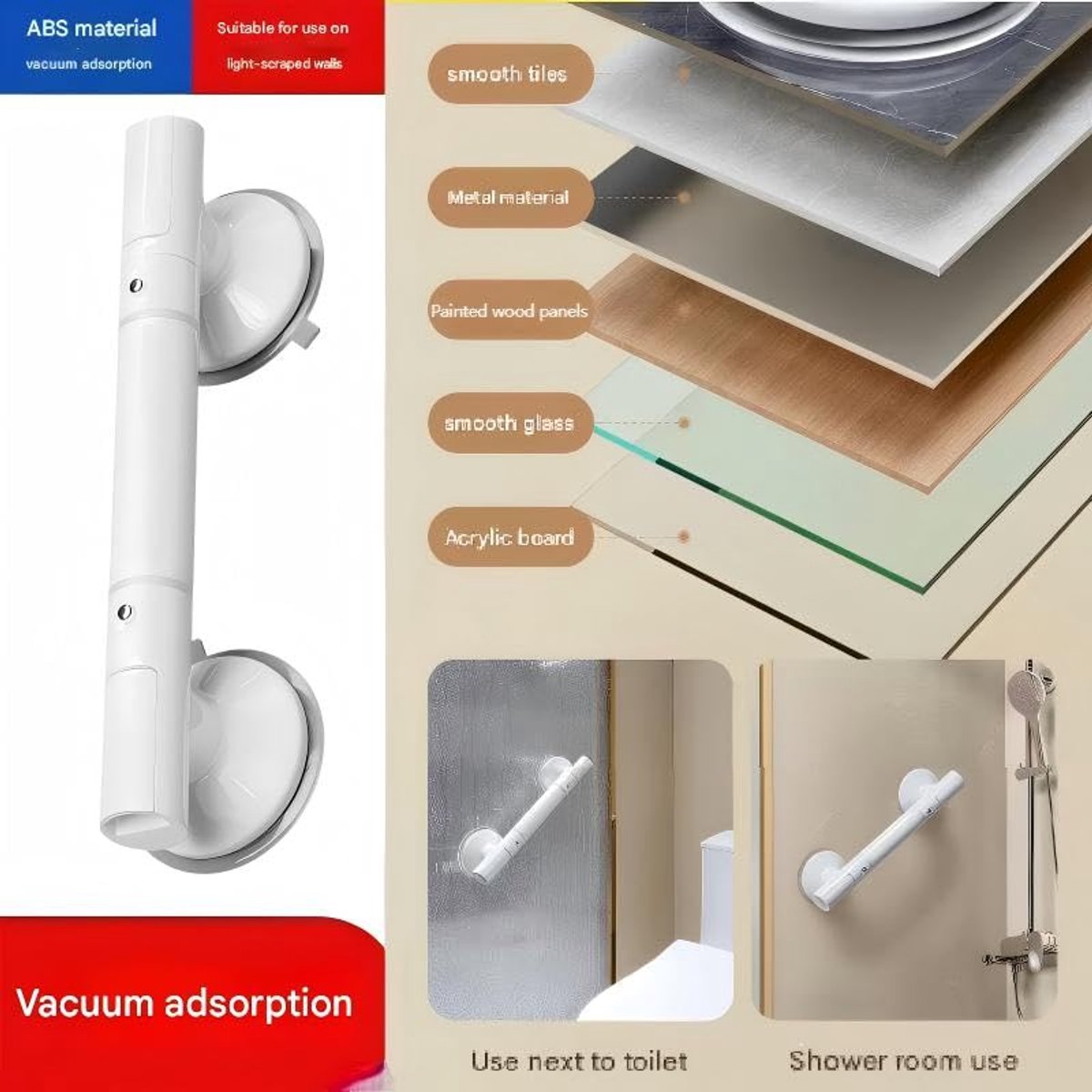 Shower Handle with Suction Cup Bathroom - Suitable for shower and toilet - Moisture-resistant - Non-slip - Safety handle - Removable - Wall bracket - Handle for the elderly and children - 35 CM