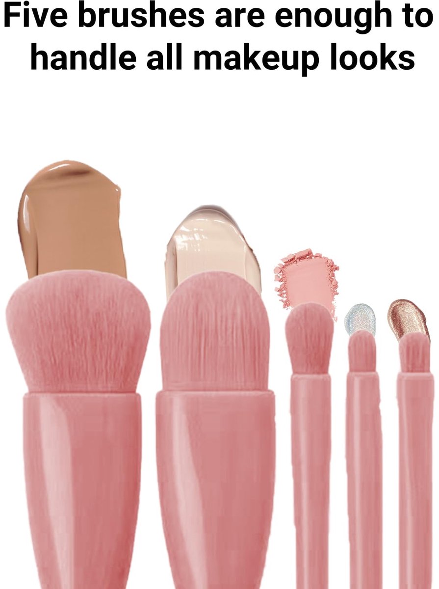 Makeup Brush Set - 5-Pack - Portable - Travel Makeup Brush Set with Mirror Case - Professional Foundation Brush, Eyeshadow Brush, and Blending Brush for Women - Lotus Pink