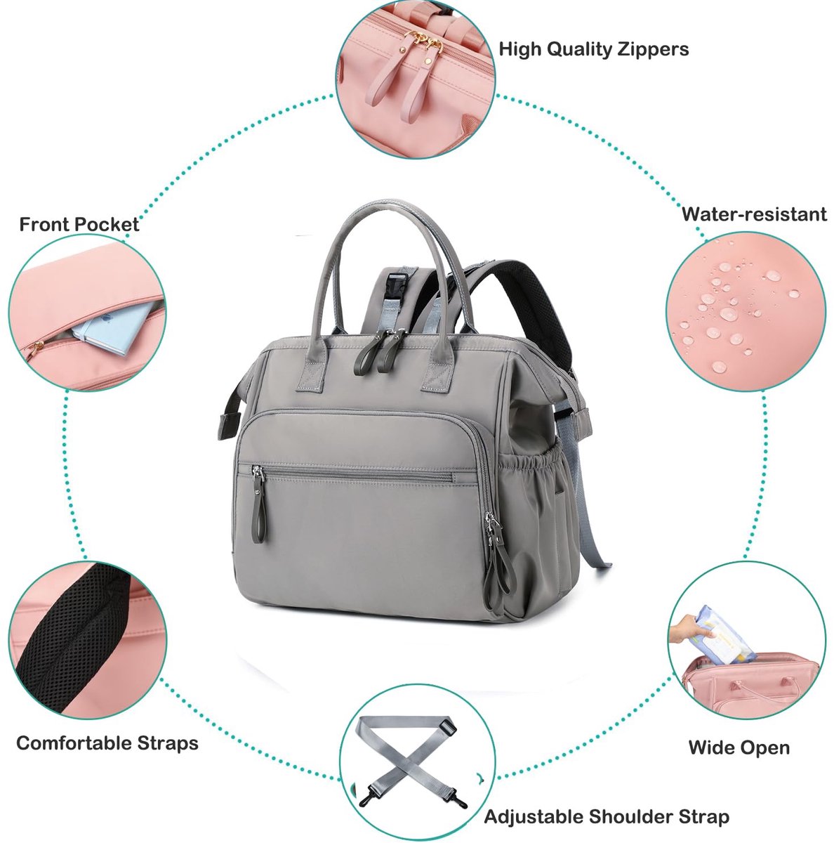 Convertible Diaper Bag - Wide Opening - 14 Pockets - Stylish - Baby Changing Bag - with Stroller Buckle - Diaper Bag - Waterproof (Gray)