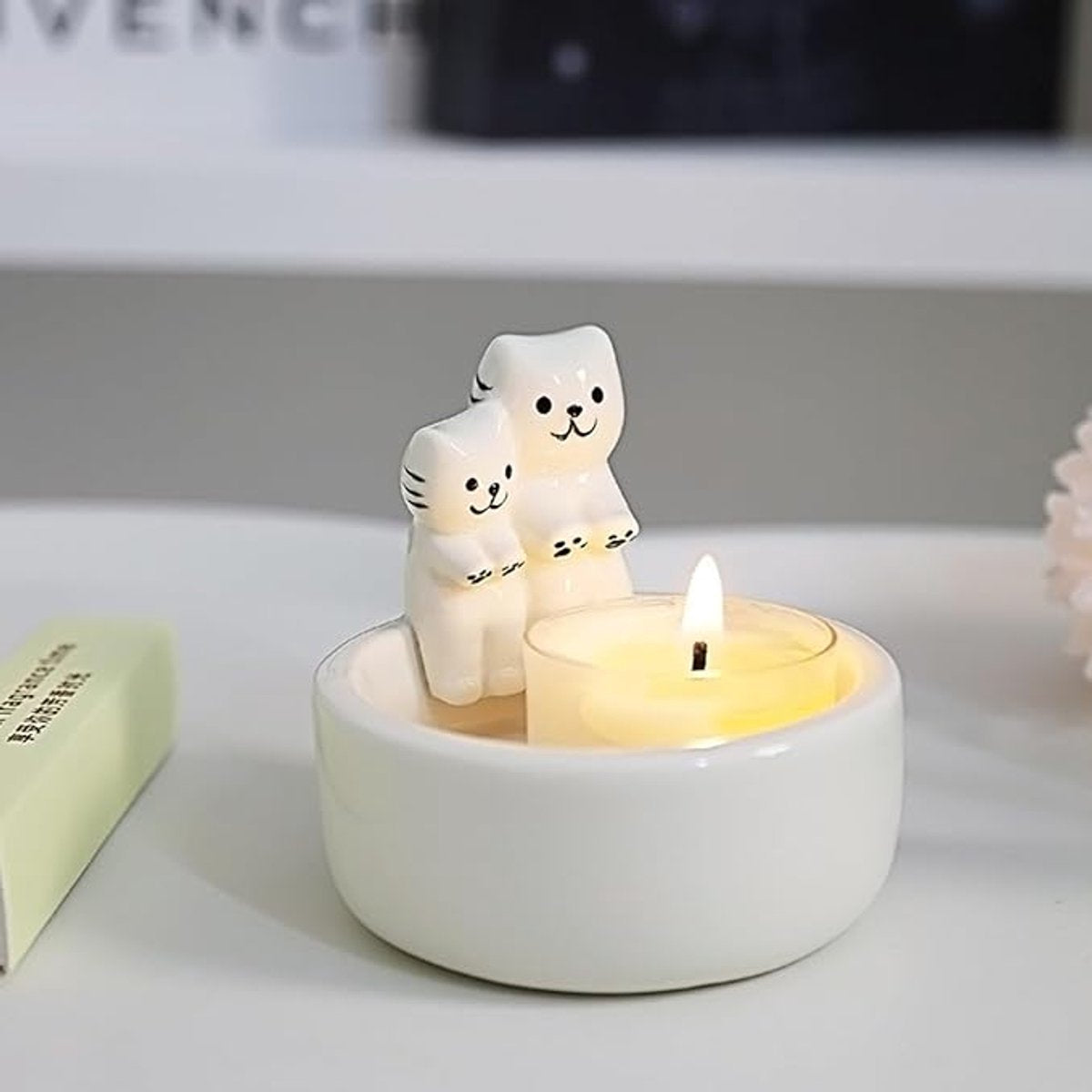 Candle Holder - 1 Piece Cartoon Cat Candle Holder - White Handmade Ceramic Candle Holder - Tea Candle Holder - Decorative Candle Holder - A Gift for Spending Warm Moments with Your Loved One - A Gift for Your Lover or Friend