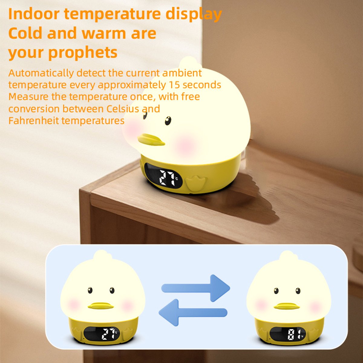 Night Light for Kids - Duck-Shaped Night Light - Temperature Display - RGB Color Change - Wake-Up Timer - Bedroom Desk Lamp - Silicone Baby Night Light