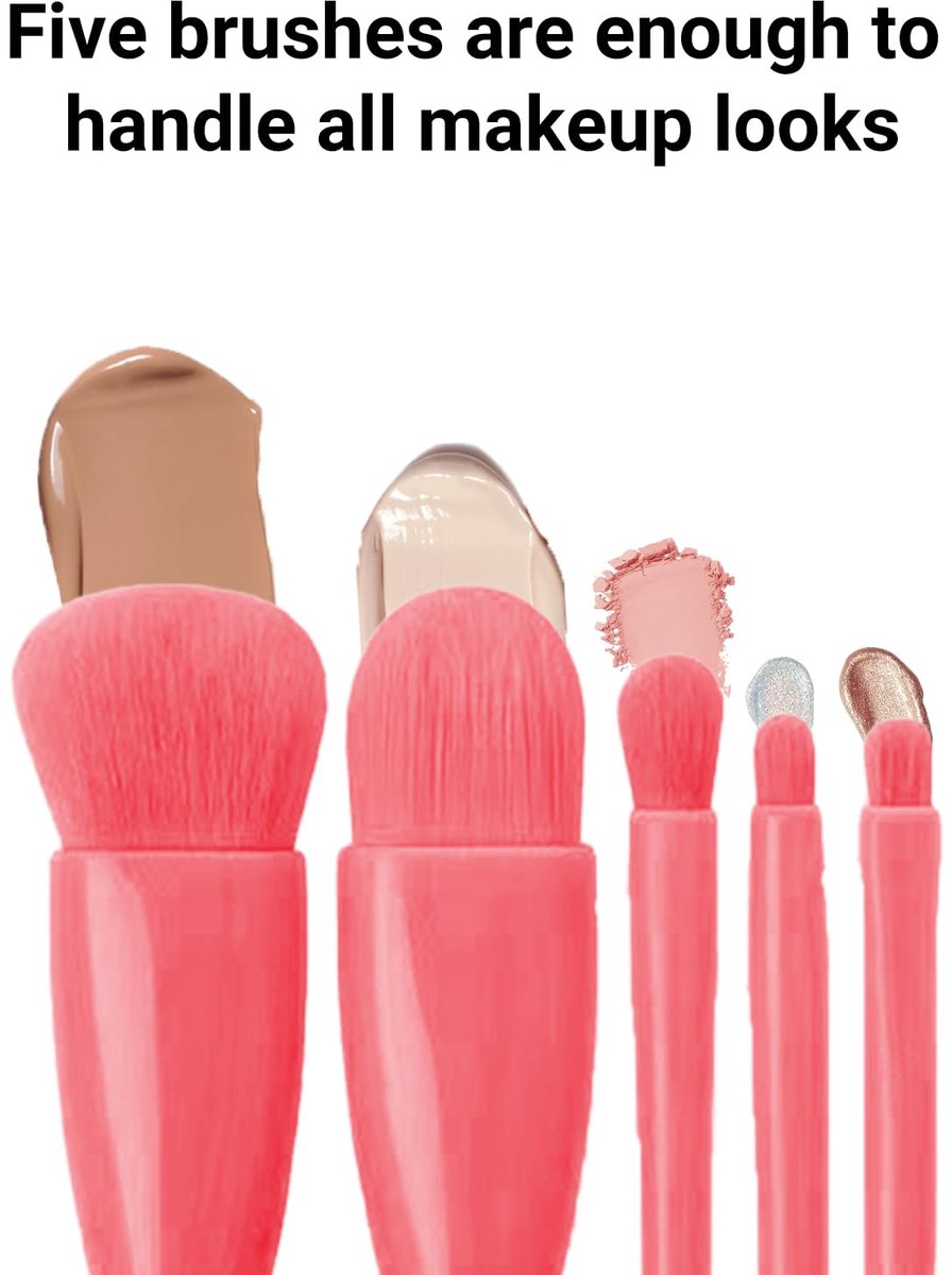 Makeup Brush Set - 5-Pack - Portable - Travel Makeup Brush Set with Mirror Case - Professional Foundation Brush, Eyeshadow Brush, and Blending Brush for Women - Pink