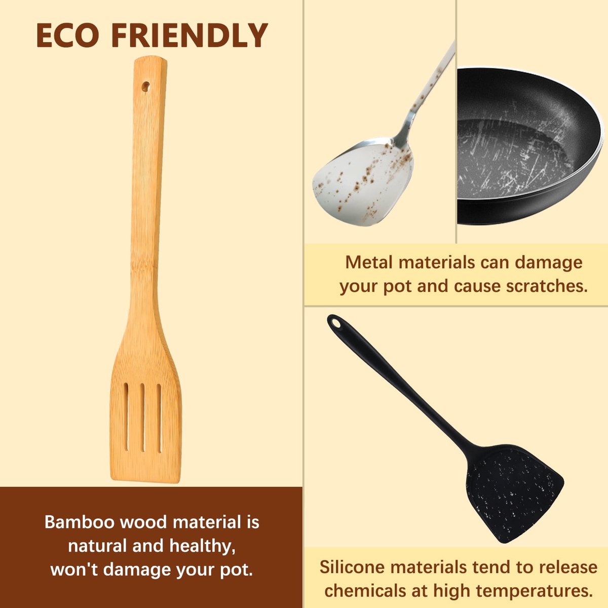 cookware set - 6-piece bamboo spatula and spoon set - Suitable for cooking - Wooden cookware