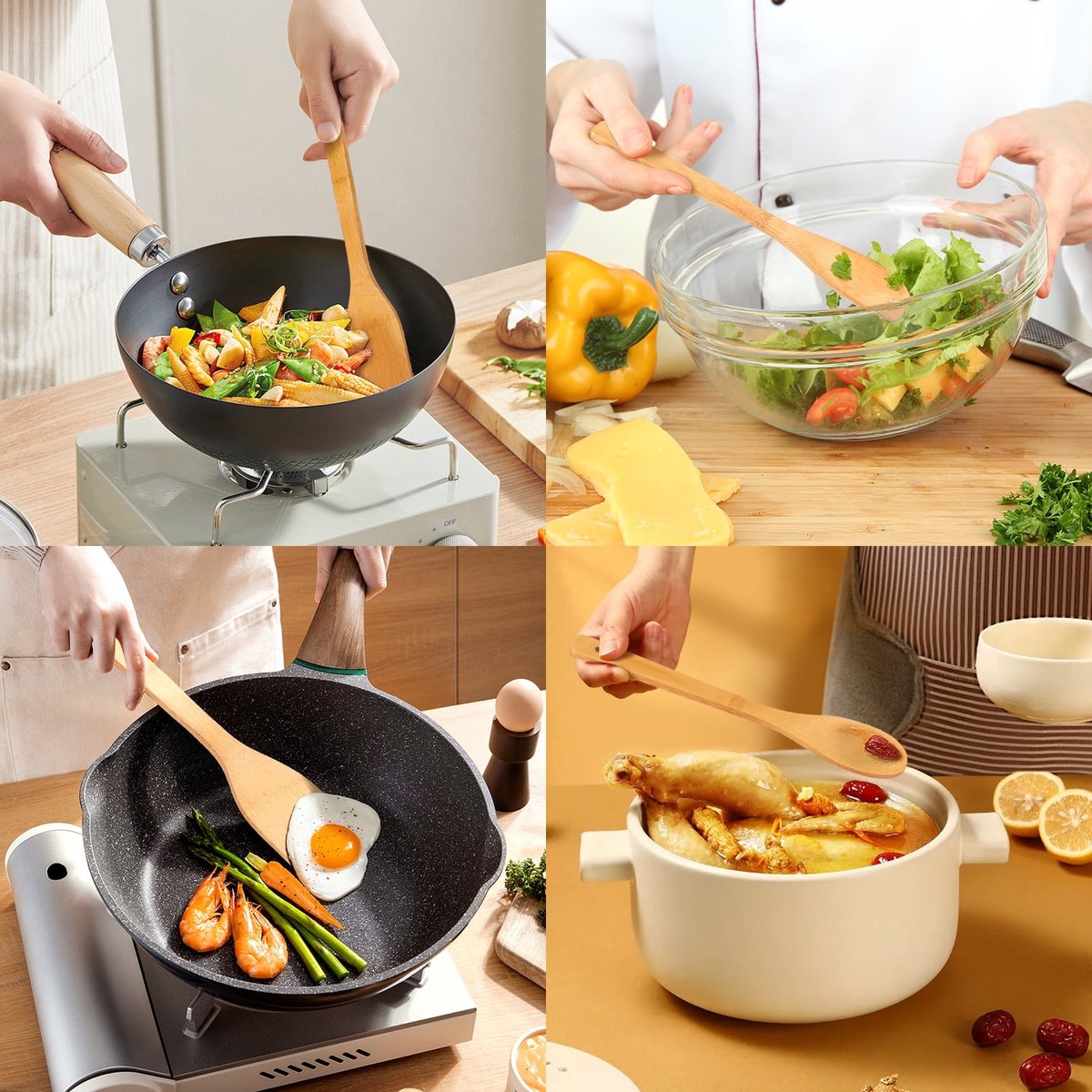 cookware set - 6-piece bamboo spatula and spoon set - Suitable for cooking - Wooden cookware