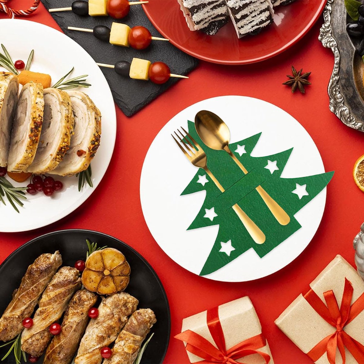 Christmas Tree Cutlery Organizer - 24-Piece Pack - Silver Cutlery Organizer Bag - Cutlery Case - Christmas Tree Pattern Felt Cutlery Case - Christmas Holiday Party Table Decoration